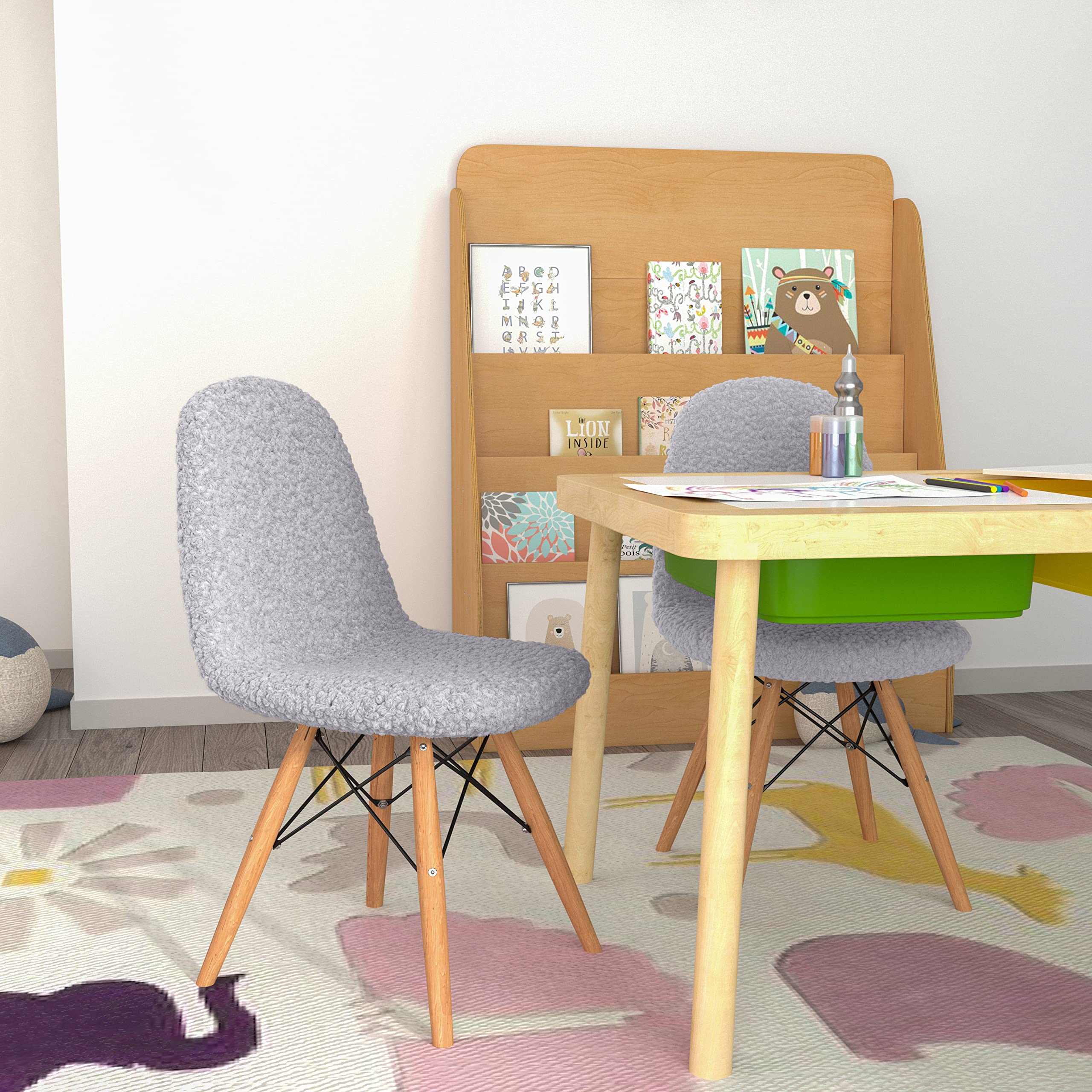 EMMA + OLIVER Set of 2 Kids Accent Chairs with Gray Faux Shearling Seat & Solid Wood Base - Easy 10-Minute Assembly - Perfect for Bedroom, Playroom or Reading Nook - Beechwood Legs Children's Side Chairs