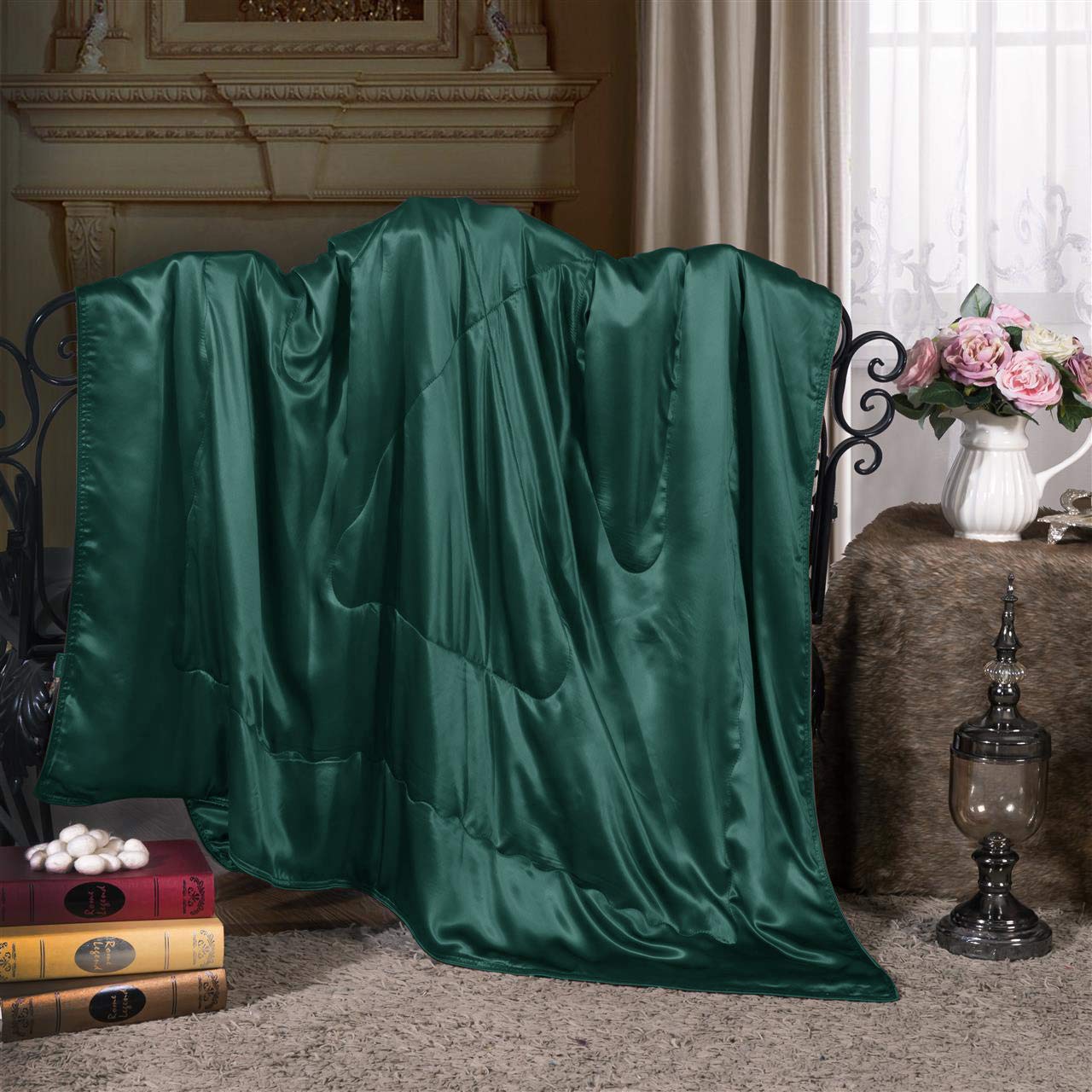 Premium 100% Mulberry Silk Throw Blanket - Luxurious Double-Sided Silk Blanket for Couch, Bed & Sofa | Ultra Soft Lightweight All-Season Blanket | 53x72 Inches Adult Size in Dark Green | Perfect for Lounging, Gifting & Home Decor