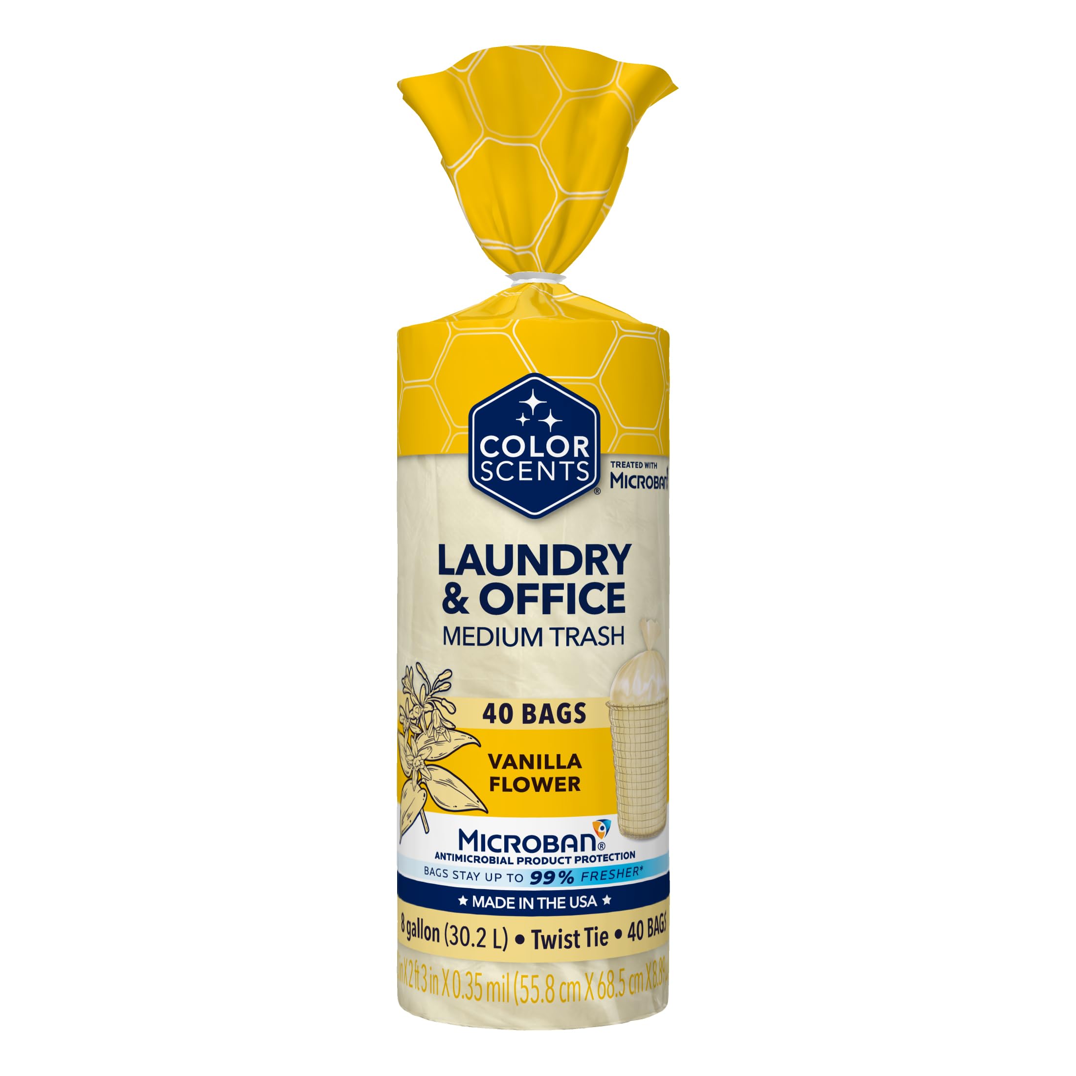 Color Scents 8 Gallon Medium Trash Bags - 40 Count Pack with Twist Tie, Vanilla Flower Scent & Microban Protection | Odor Control for Kitchen, Bathroom & Office Waste