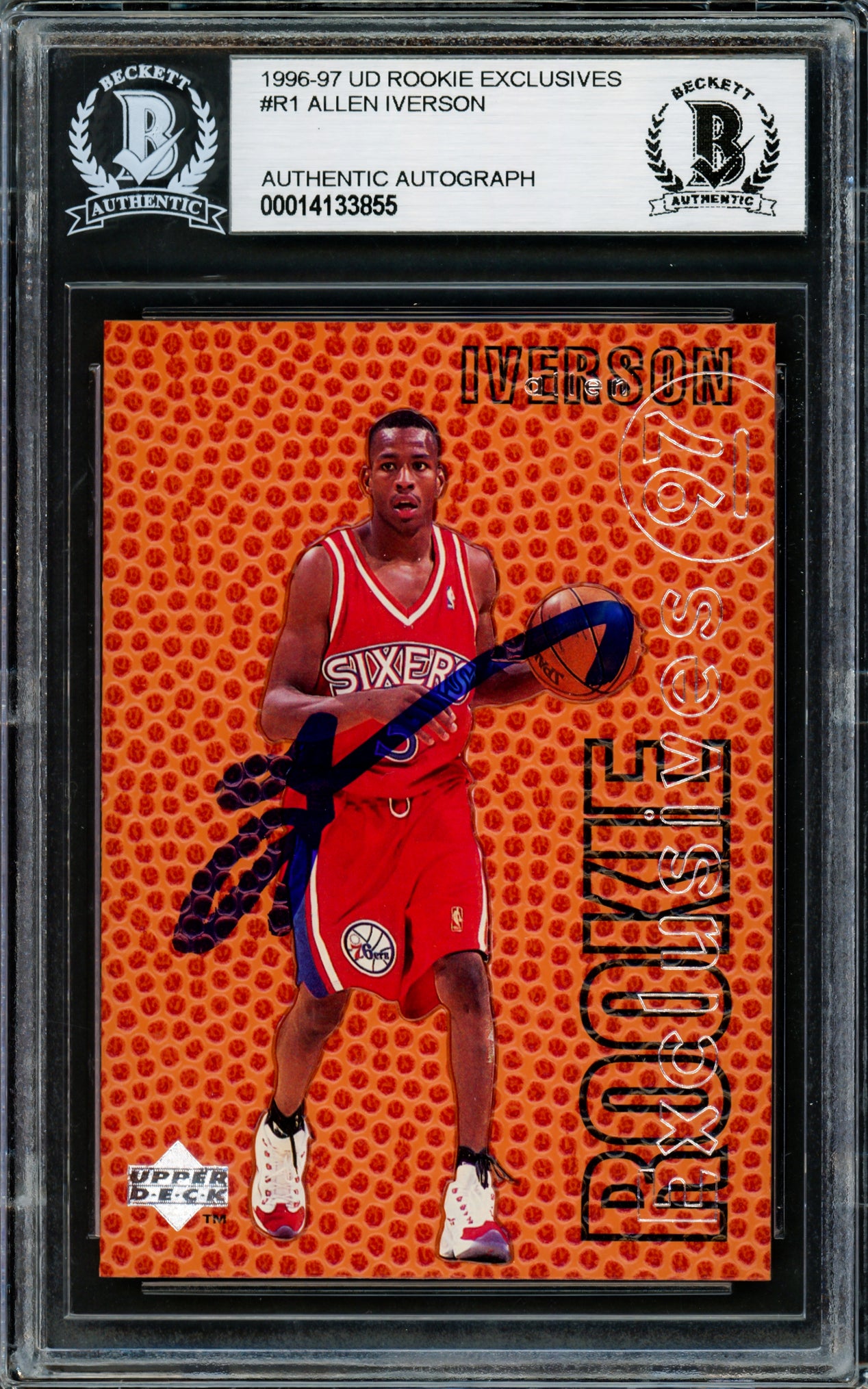 Allen Iverson Autographed 1996-97 Upper Deck Exclusives Rookie Card #R1 Philadelphia 76ers Beckett BAS Certified - Perfect for NBA Memorabilia Collectors & 76ers Fans Display