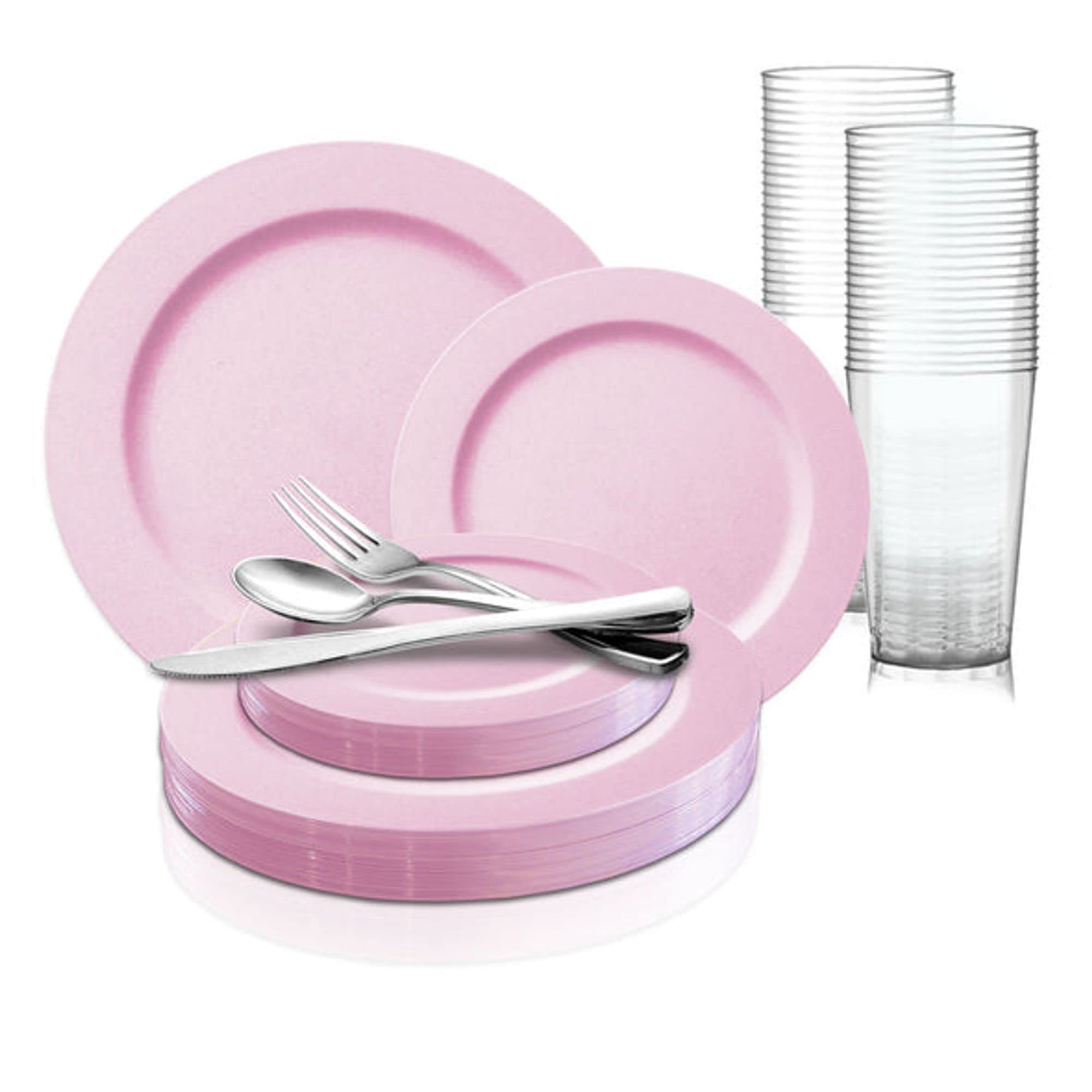Elegant Disposable Plastic Party Dinnerware Set - Matte Dinner Plates, Salad Plates, Cutlery (Spoons, Forks, Knives) & Cups Bulk (60-Piece Pink Set) for Weddings, Birthdays, Baby Showers & Special Events