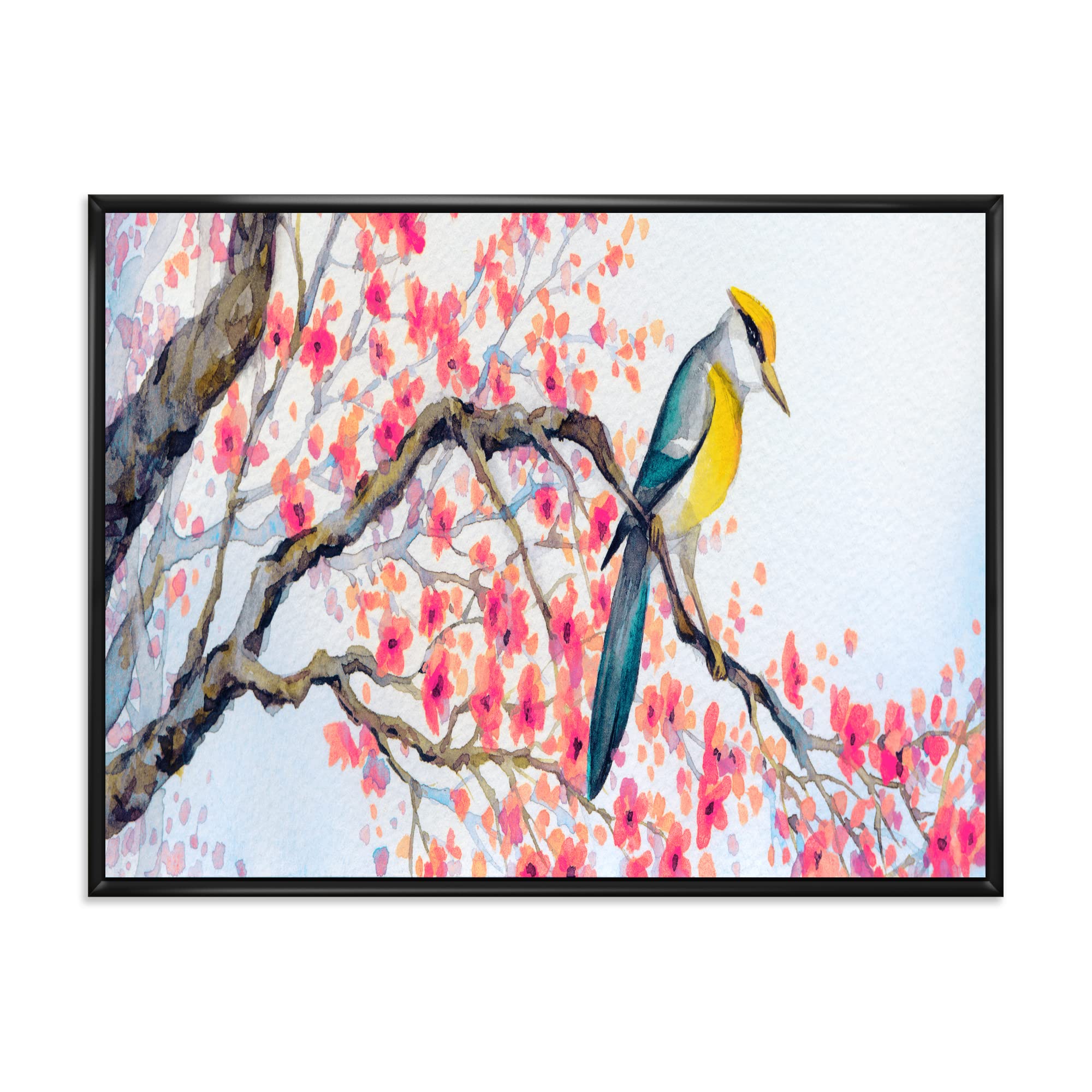 DesignQ Beautiful Pink Bird on Flowering Branch I - Traditional Framed Canvas Wall Art Print for Home Decor, Living Room, Bedroom & Office