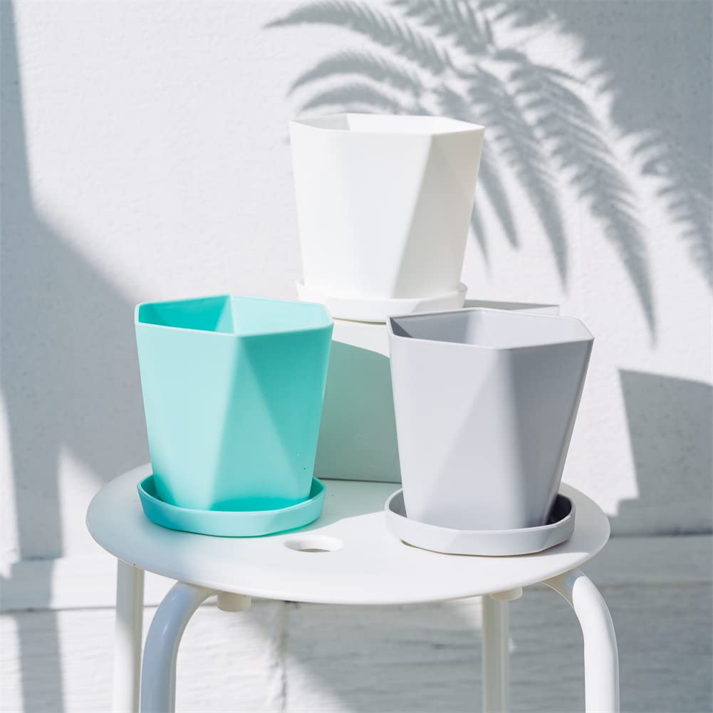 CHABAO 7'' Unbreakable Plastic Plant Pots with Saucer & Drain Holes - Set of 3 (White, Green, Grey) for Indoor & Outdoor Plants - Perfect for Home Decor, Garden, Patio, and Balcony Gardening