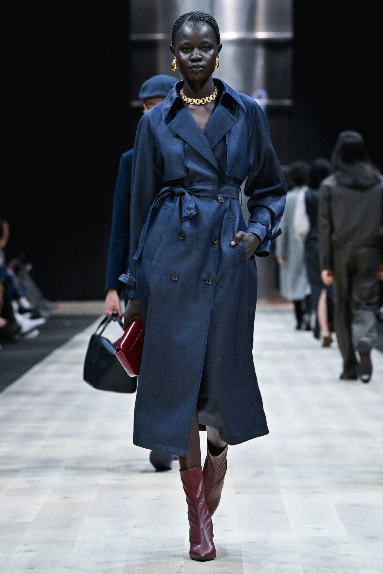 LOOK 9 Maddie Long Trench Coat - Denim Wool Gabardine Waterproof Jacket for Women | Classic Fall Winter Outerwear for Work, Travel & Formal Occasions