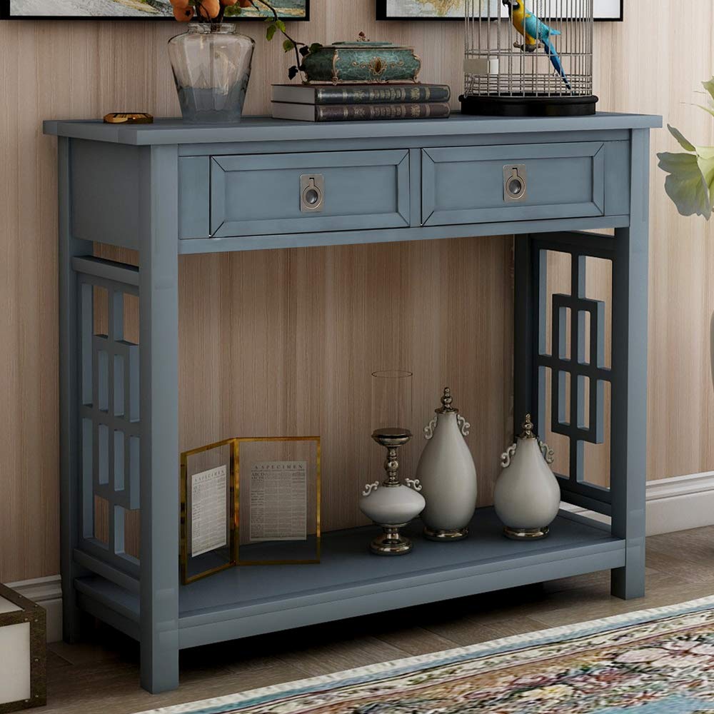 Teeker Console Table with 2 Drawers and Bottom Shelf - Antique Navy Entryway Sofa Table for Hallway, Living Room & Bedroom Decor | Sturdy Wooden Hall Table with Storage Space