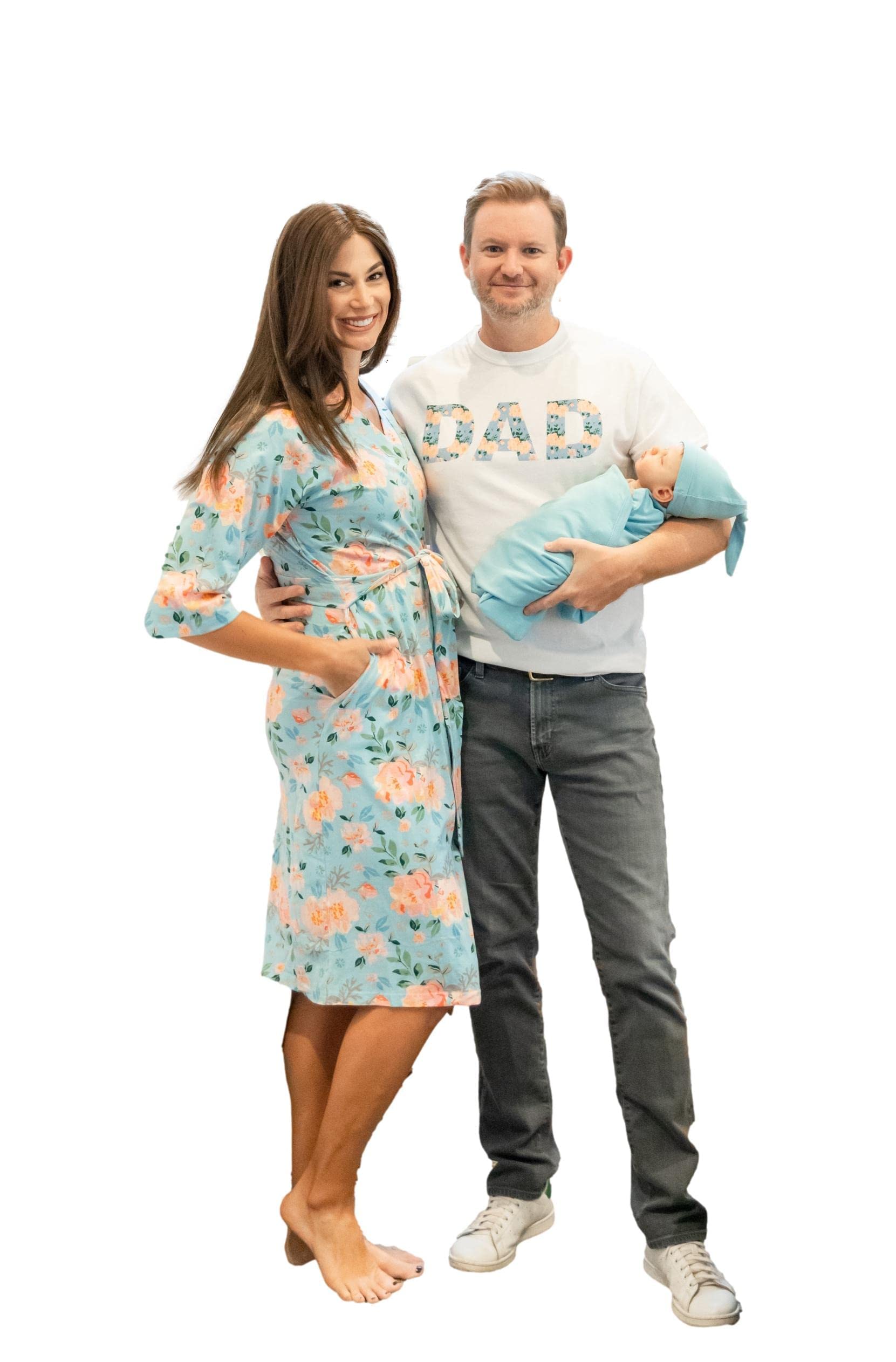 Baby Be Mine Maternity Nursing Robe, Baby Girl Swaddle Blanket & Daddy T-Shirt Set - Soft Delivery & Nursing Gown, Newborn Swaddle Wrap, Matching Family Outfits for Hospital Birth, Baby Shower & Newborn Photography