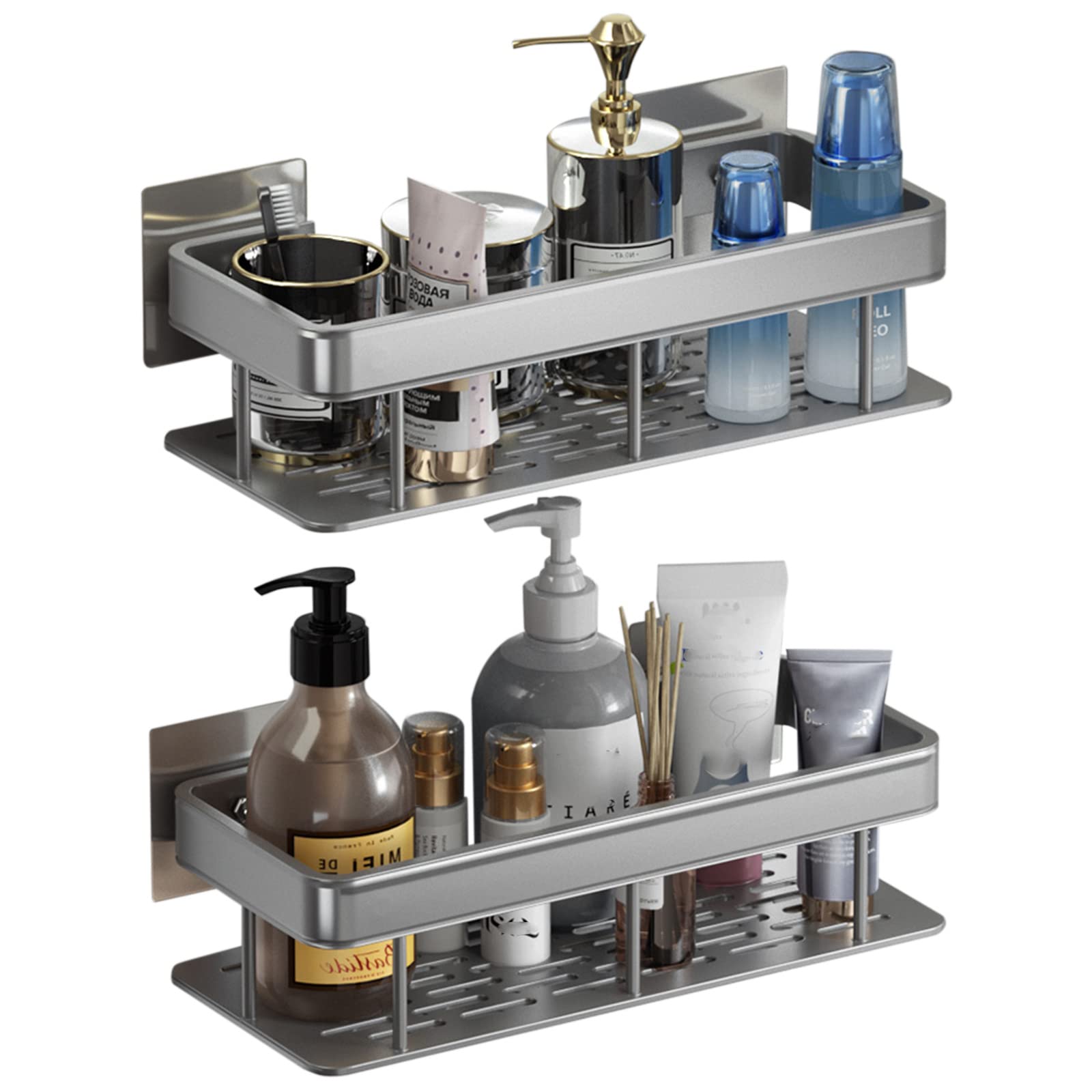 No Drill Bathroom Shelf - Rustproof Aluminum Shower Rack with Strong Adhesive, Space Saving Wall Mounted Storage for Shower, Toilet & Balcony (Grey, A2 Floor) - Perfect for Small Bathrooms, Apartments & RVs