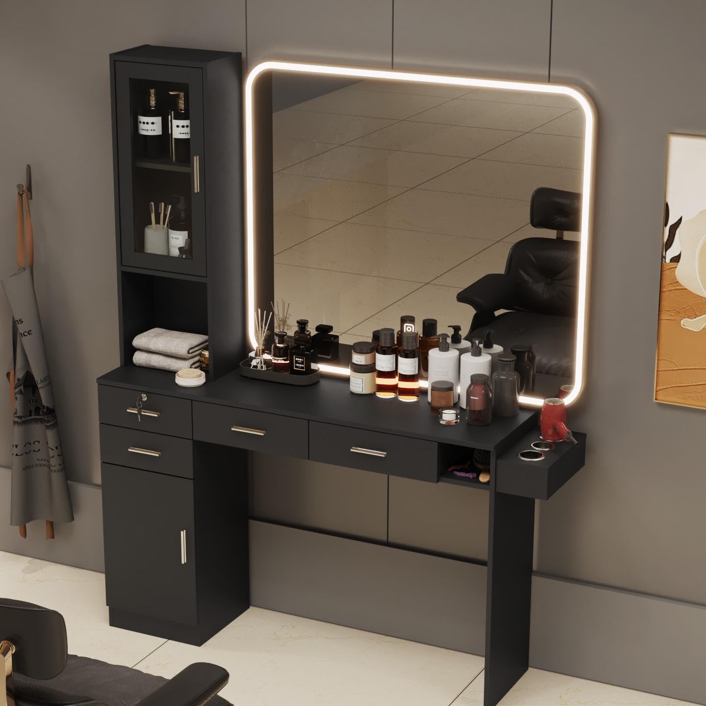 Professional Barber Salon Station Wall Mount Hair Styling Unit with Hair Dryer Holder, Storage Drawers & Open Shelves - Black Beauty Spa Furniture for Salon & Home Use