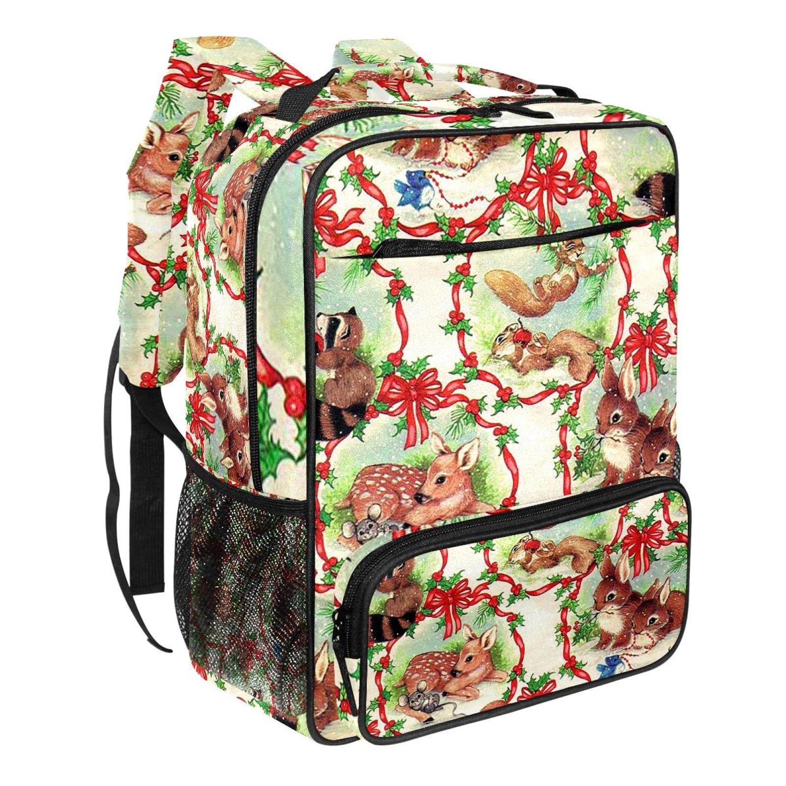 Elk Fox Rabbit Christmas Print Travel Backpack - Durable Canvas School Laptop Bookbag for Girls & Boys - Perfect for College, Work, Travel & Daily Commute