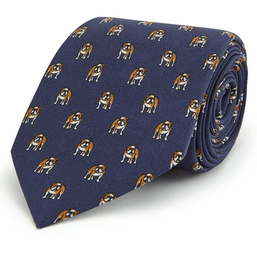Premium Navy Blue Bulldog Printed Silk Necktie for Men - Elegant Business & Formal Wear Accessory for Office, Weddings & Special Occasions