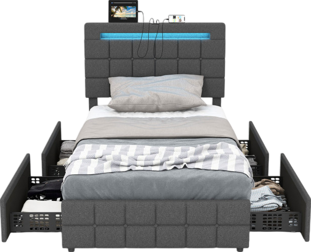Costway Queen Bed Frame with Upholstered Headboard, LED Light Strips, 4 Storage Drawers & USB Charging Ports - Modern Platform Bed with Adjustable Lighting for Bedroom, Guest Room or Dorm