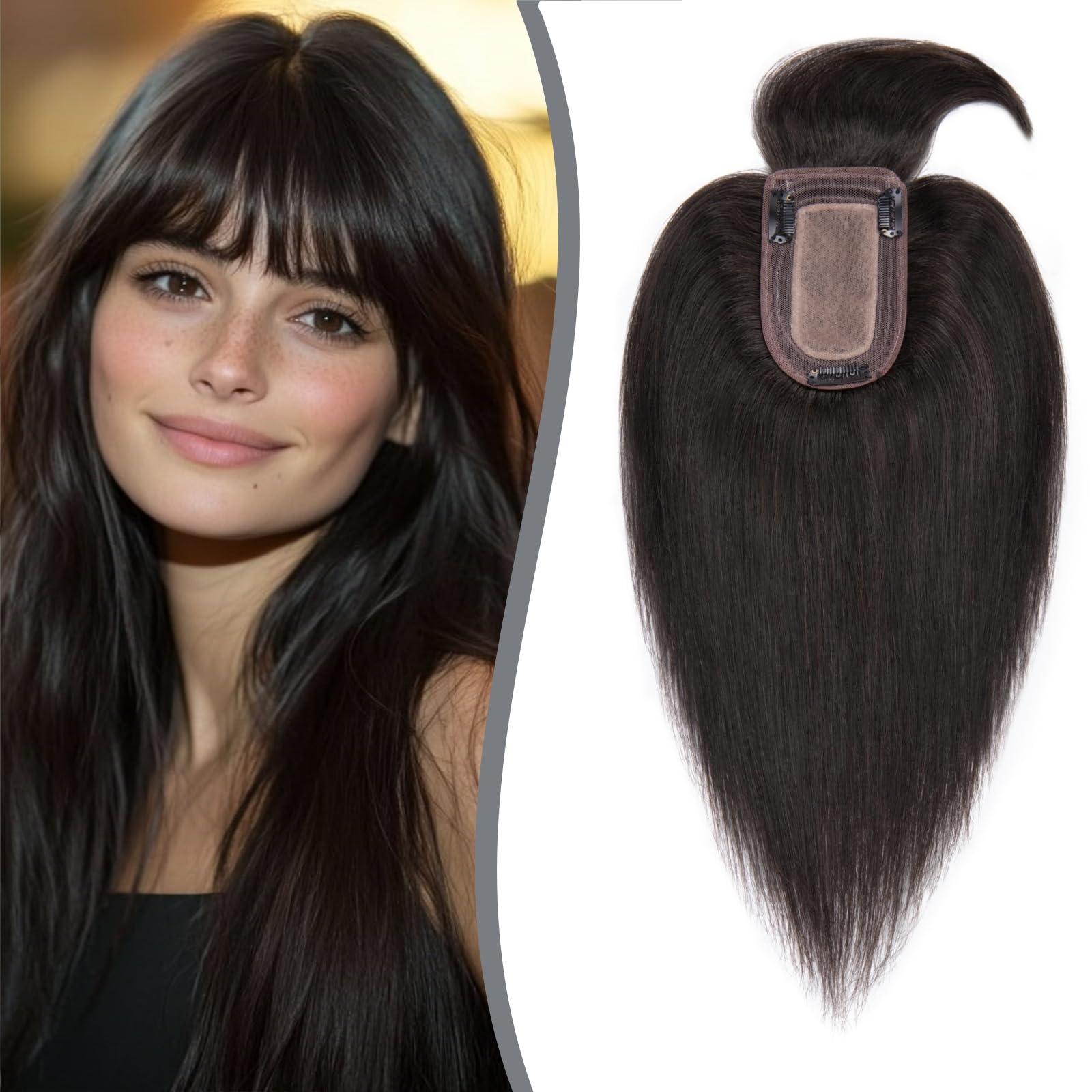 100% Real Human Hair Toppers for Women - Clip-In Hair Topper with Bangs, Handmade Middle Part Top Hair Piece for Thinning Hair, #1B Natural Black, 16 Inch, 48g - Perfect for Daily Wear, Parties & Special Occasions