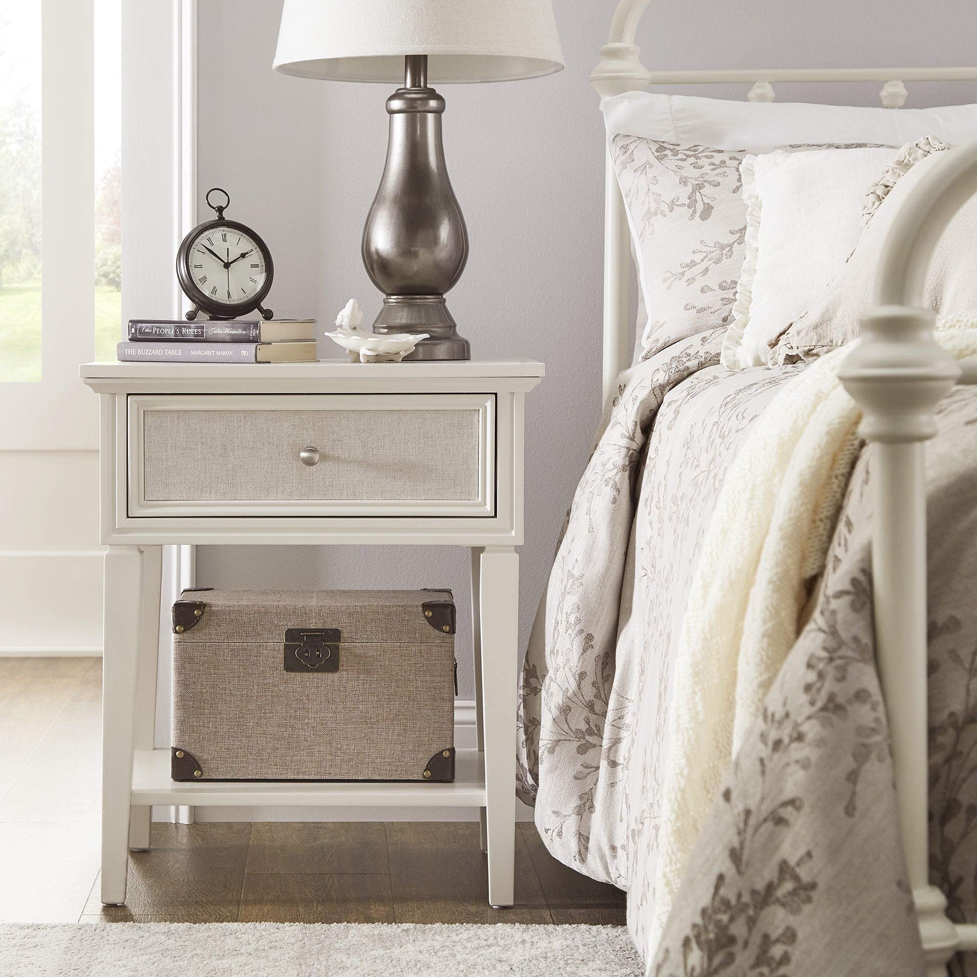 White Beige Linen Drawer Nightstand - 1-Drawer MDF Wood Bedside Table with Felt Lined Top & Hardware Included | Traditional Transitional Style for Bedroom, Living Room & Guest Room