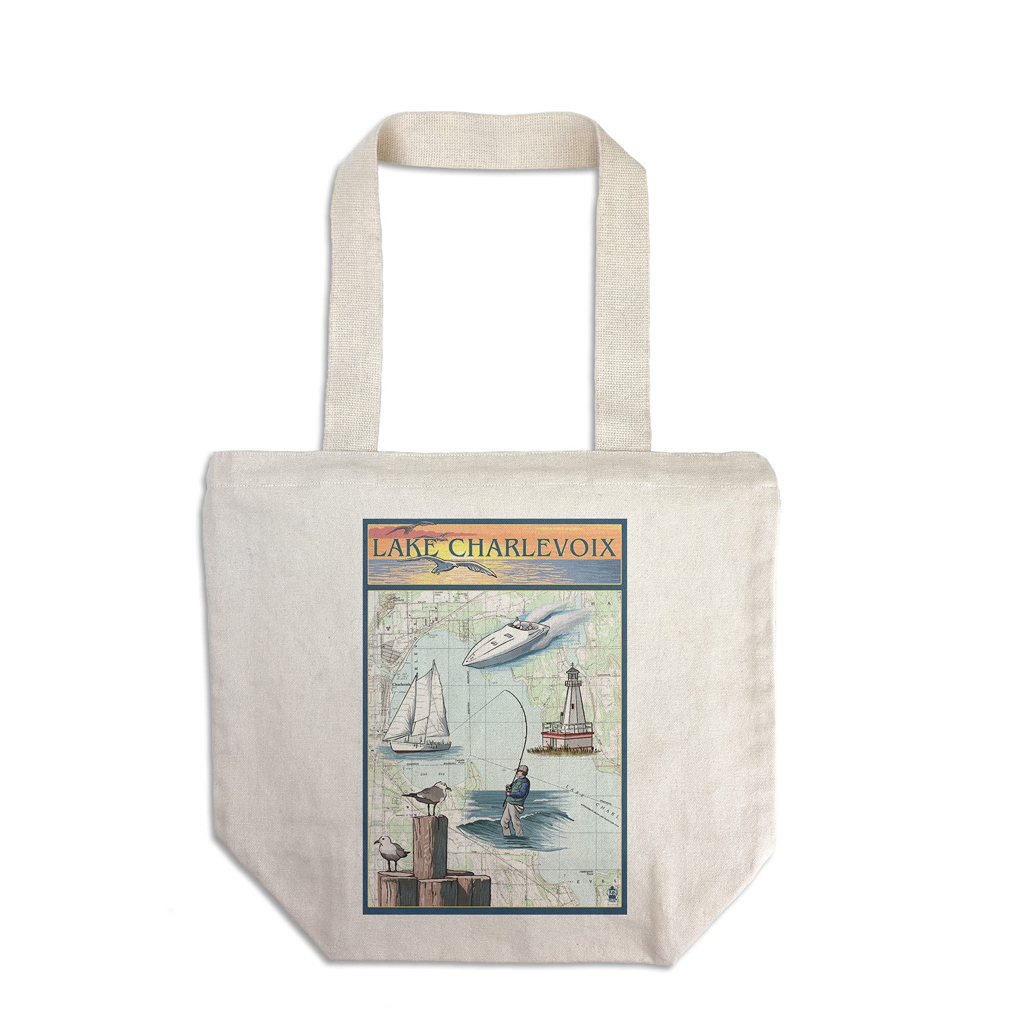 Lantern Press Charlevoix Michigan Nautical Chart Tote Bag - 100% Cotton Canvas Reusable Shopping Bag for Beach, Grocery & Daily Use