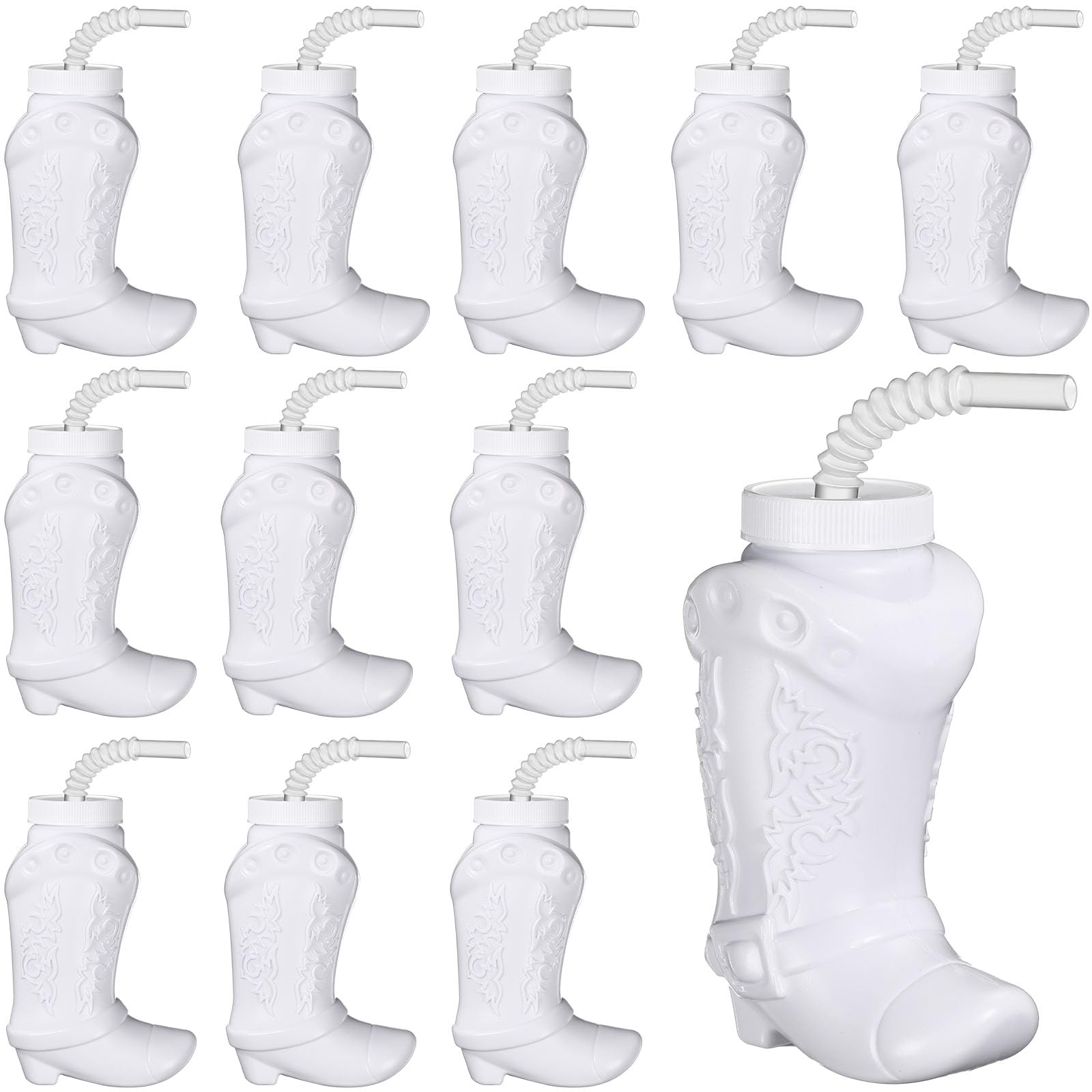 12-Pack Hoolerry 10oz Cowboy Boot Plastic Cups with Straws & Lids - Western Theme Party Supplies for Rodeo, Cowboy Birthday, and Country Decorations (White) | Perfect for BBQ, Barn Weddings, and Texas-Style Celebrations