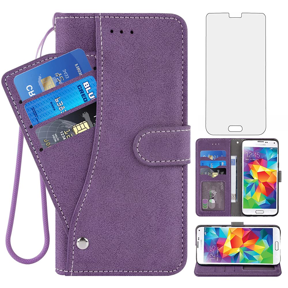 Samsung Galaxy S5 Wallet Case with Card Holder & Stand | Tempered Glass Screen Protector | Flip Cover for Galaxy S5 Neo/5S/GS5/G900A/G900T | Purple | Perfect for Work, Travel & Daily Protection