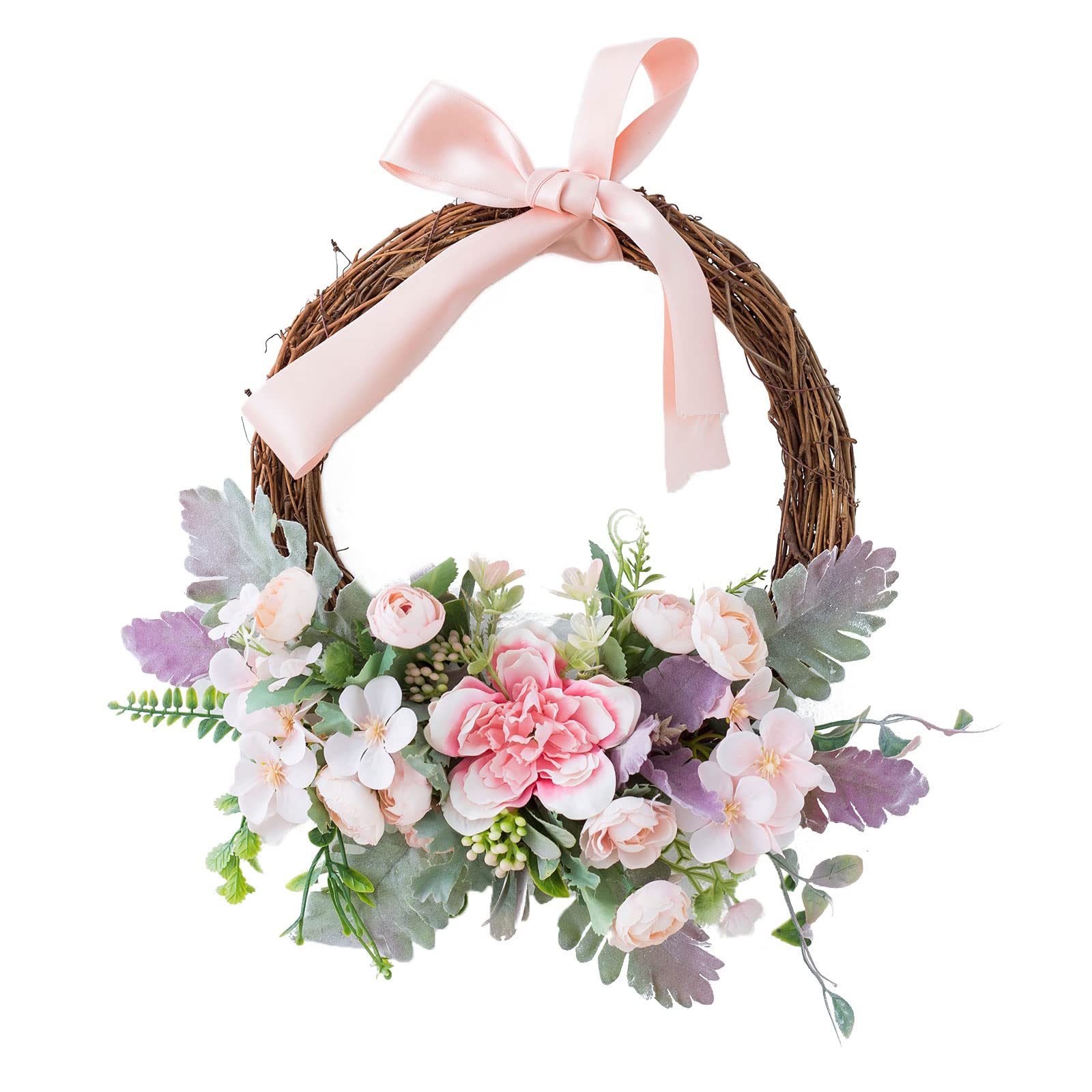 WUHNGD 12.6In Artificial Peony Flower Wreath - Handmade Pink Rose & Hydrangea Floral Wreath with Bow, Faux Spring Flowers Garland for Front Door, Wall, Wedding, Party & Home Decor | Perfect for Spring Decorations, Bridal Showers & Seasonal Home Styling