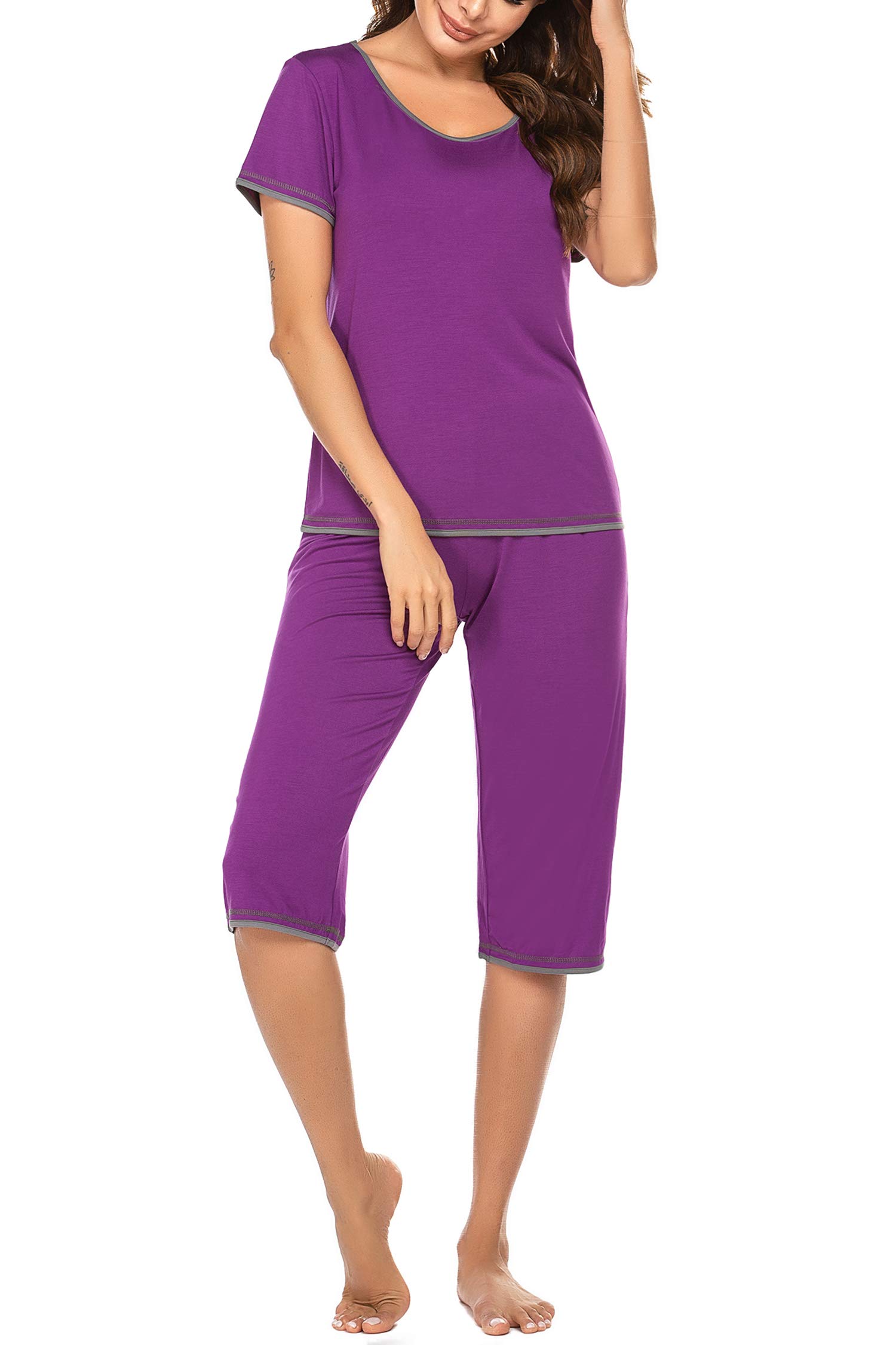 Ekouaer Women's Summer Pajama Set - Short Sleeve Top & Capri Pants 2-Piece Sleepwear for Nightwear, Lounge & Vacation | Soft Comfortable Pjs for Women