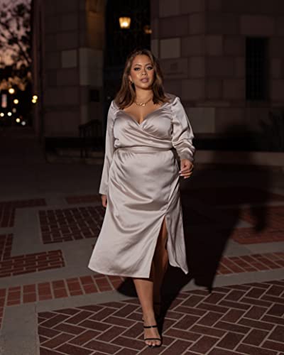 The Drop Women's Silver Cloud Faux Wrap Dress by @catieli - Elegant Midi Dress for Casual Outings, Date Nights & Office Wear