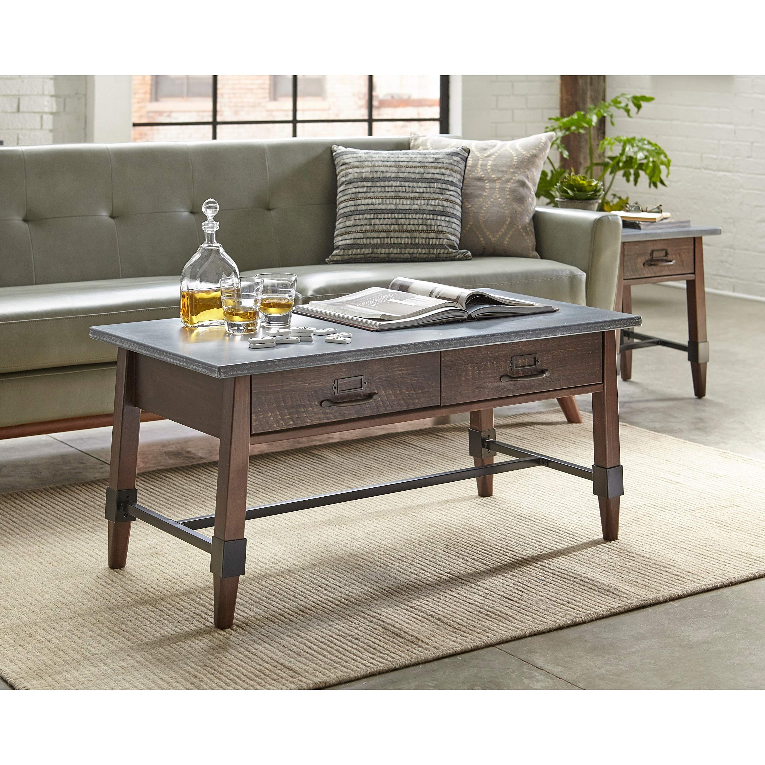 Industrial Grey Coffee Table with Drawers - Rustic Rectangle MDF & Metal Design, Espresso Finish, Includes Storage Hardware - Perfect for Living Room, Office or Dorm Decor