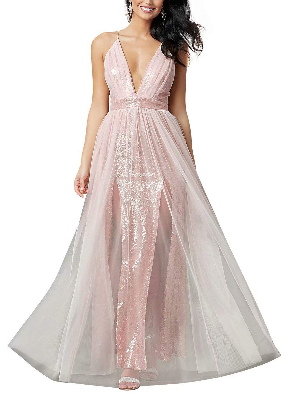Elegant JASY Women's Long Sequin V-Neck Prom Dress Plus Size with High Slit - Perfect for Homecoming, Evening Gala & Formal Events