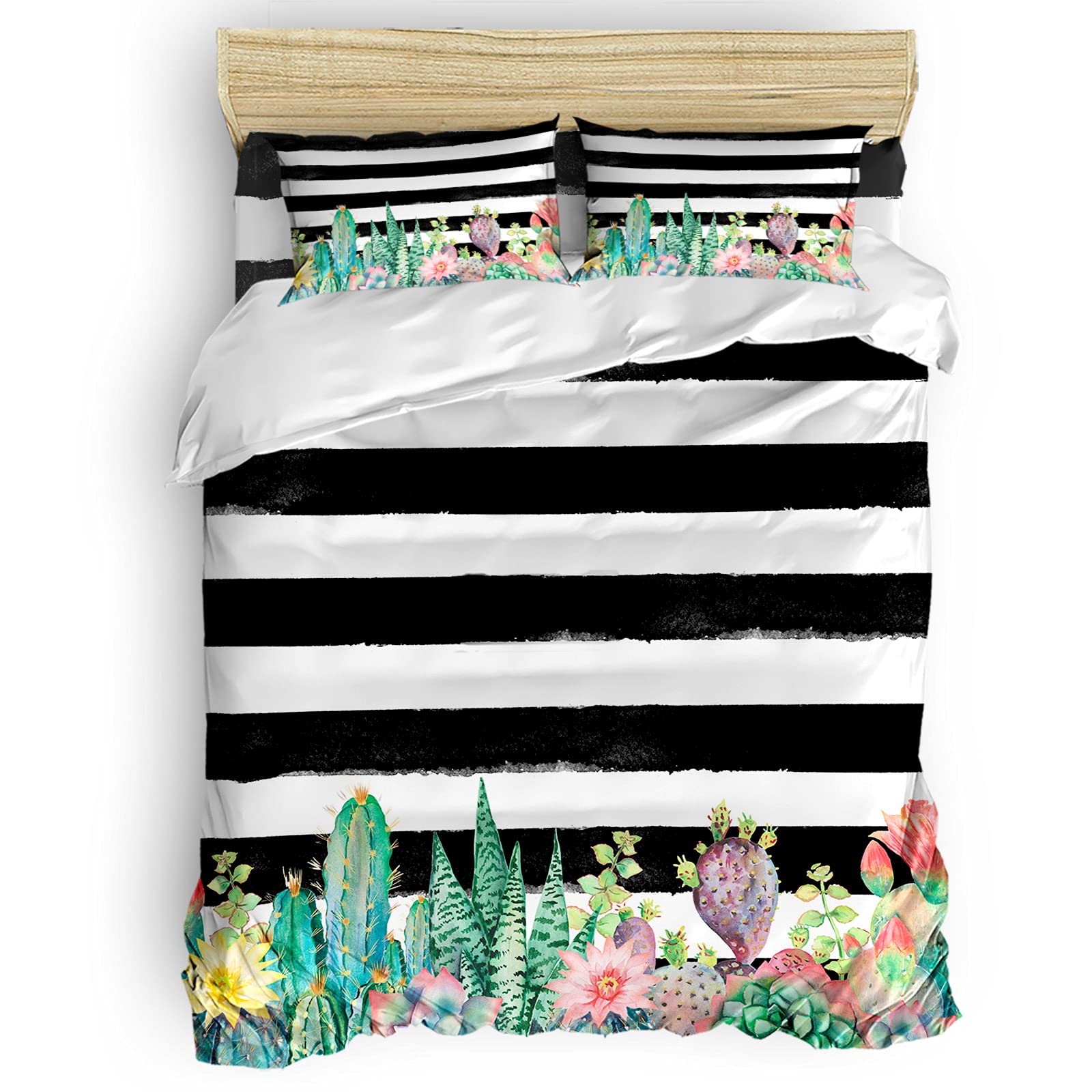 LEOKOTI 4-Piece California King Bedding Set - Tropical Cactus Quilt Cover with Pillow Shams & Sheet, Black & White Striped Breathable Microfiber Bedspread for All Seasons | Perfect for Guest Rooms, Master Bedrooms & Coastal Home Decor