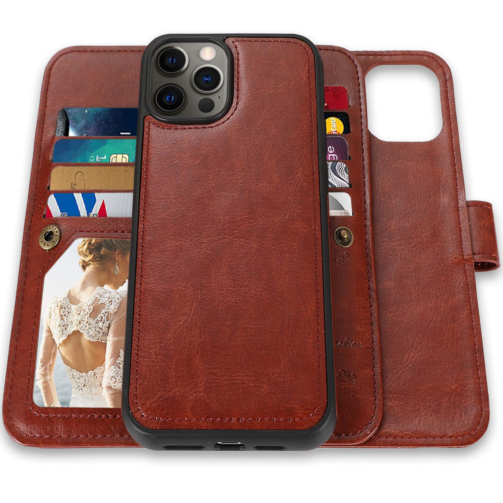Premium Magnetic Detachable Leather Wallet Case for iPhone 13 Pro Max - RFID Blocking, 9 Card Holder, Wrist Strap & Full Body Protection (Brown) | Perfect for Business, Travel & Everyday Use