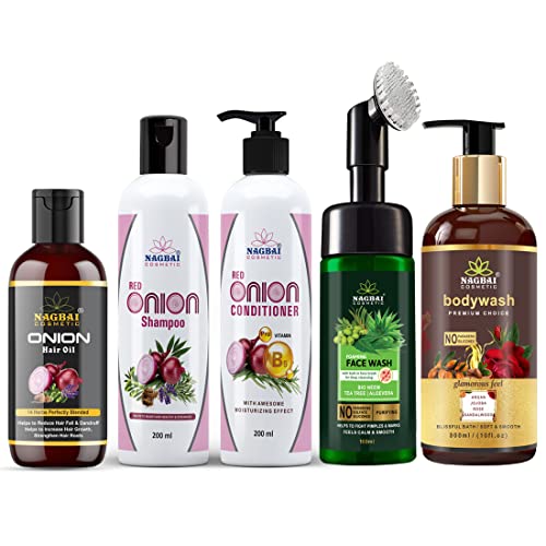 Nagbai Super Hair Care Combo Set - Onion Hair Oil (100ml), Onion Shampoo (200ml), Onion Conditioner (200ml), Neem & Aloe Vera Face Wash (160ml), Body Wash (300ml) - Complete Hair & Skin Care Routine for Healthy Hair Growth & Glowing Skin