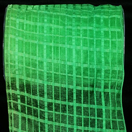 Green Solid and Sheer Check Wired Craft Ribbon - 6