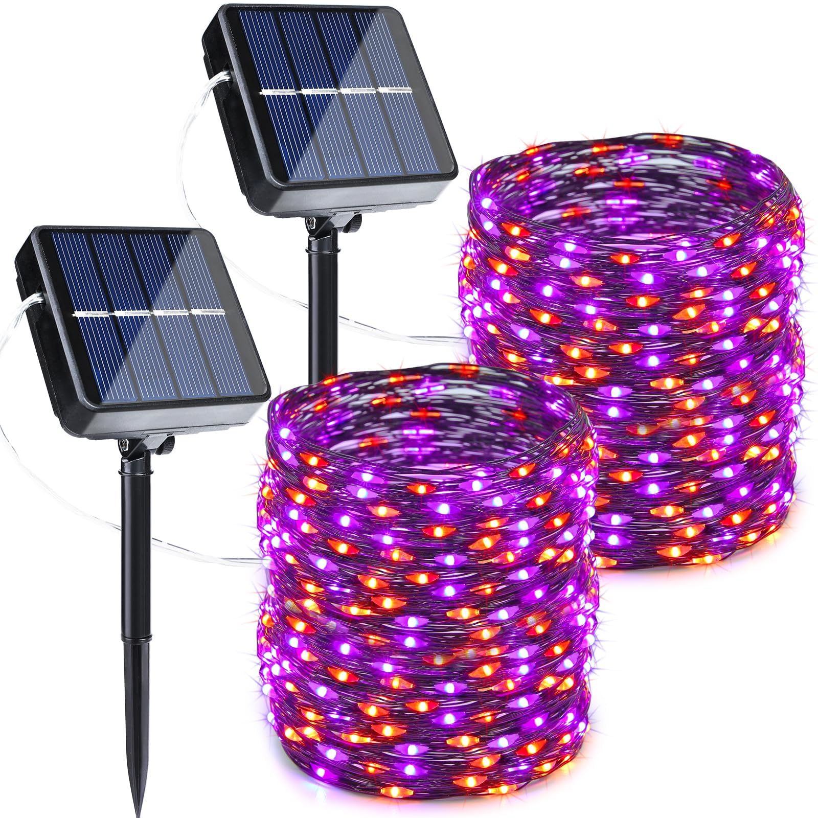 Joomer 2-Pack 100ft Solar String Lights - 300 LED Orange & Purple Halloween Fairy Lights with 8 Modes, Waterproof & Black Wire for Outdoor Decor | Perfect for Halloween Party, Garden, Patio, Yard, and Holiday Lighting