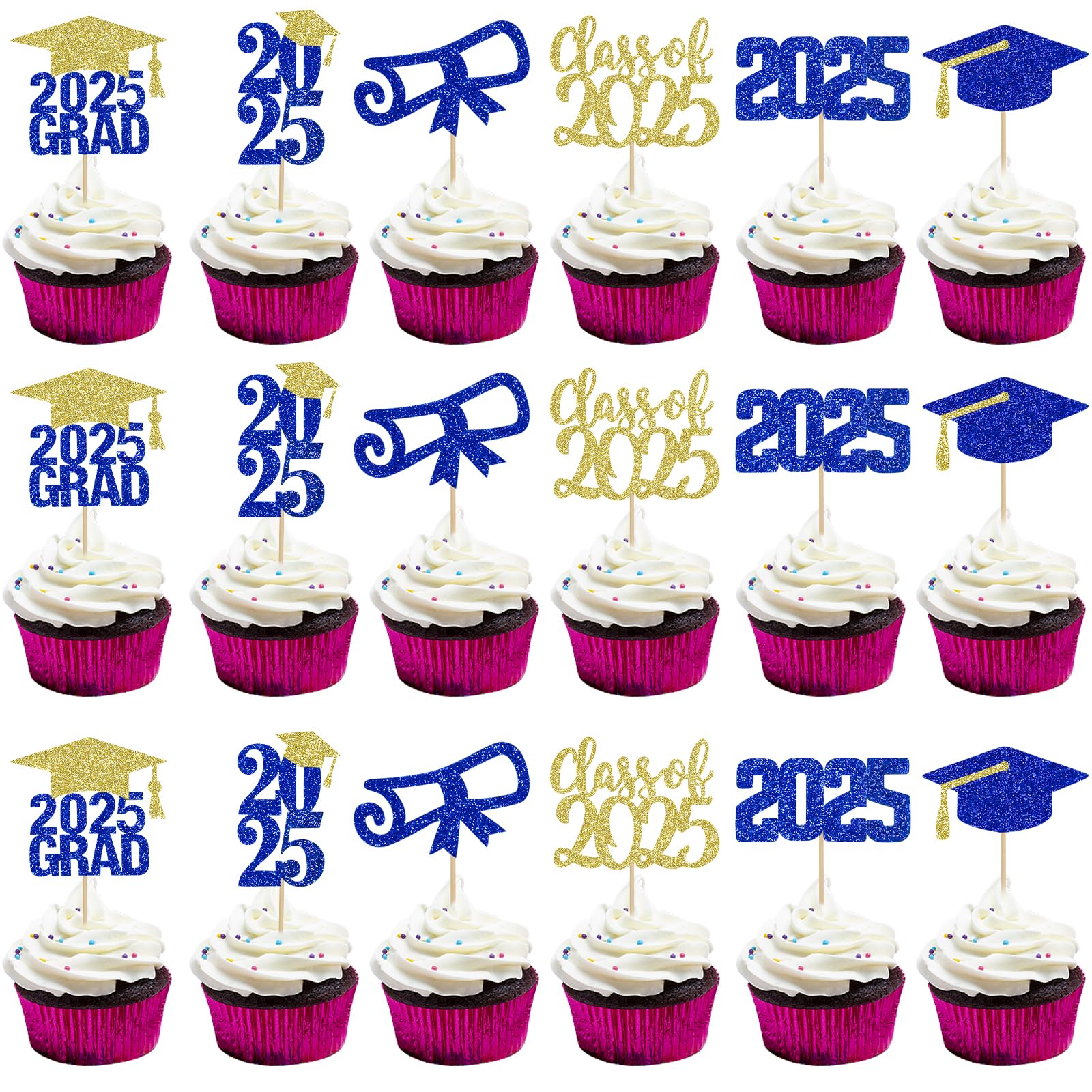 2025 Graduation Cupcake Toppers - Blue & Gold Class of 2025 Decorations (24Pcs) | Perfect for Graduation Party, Cake Decorating & School Celebration