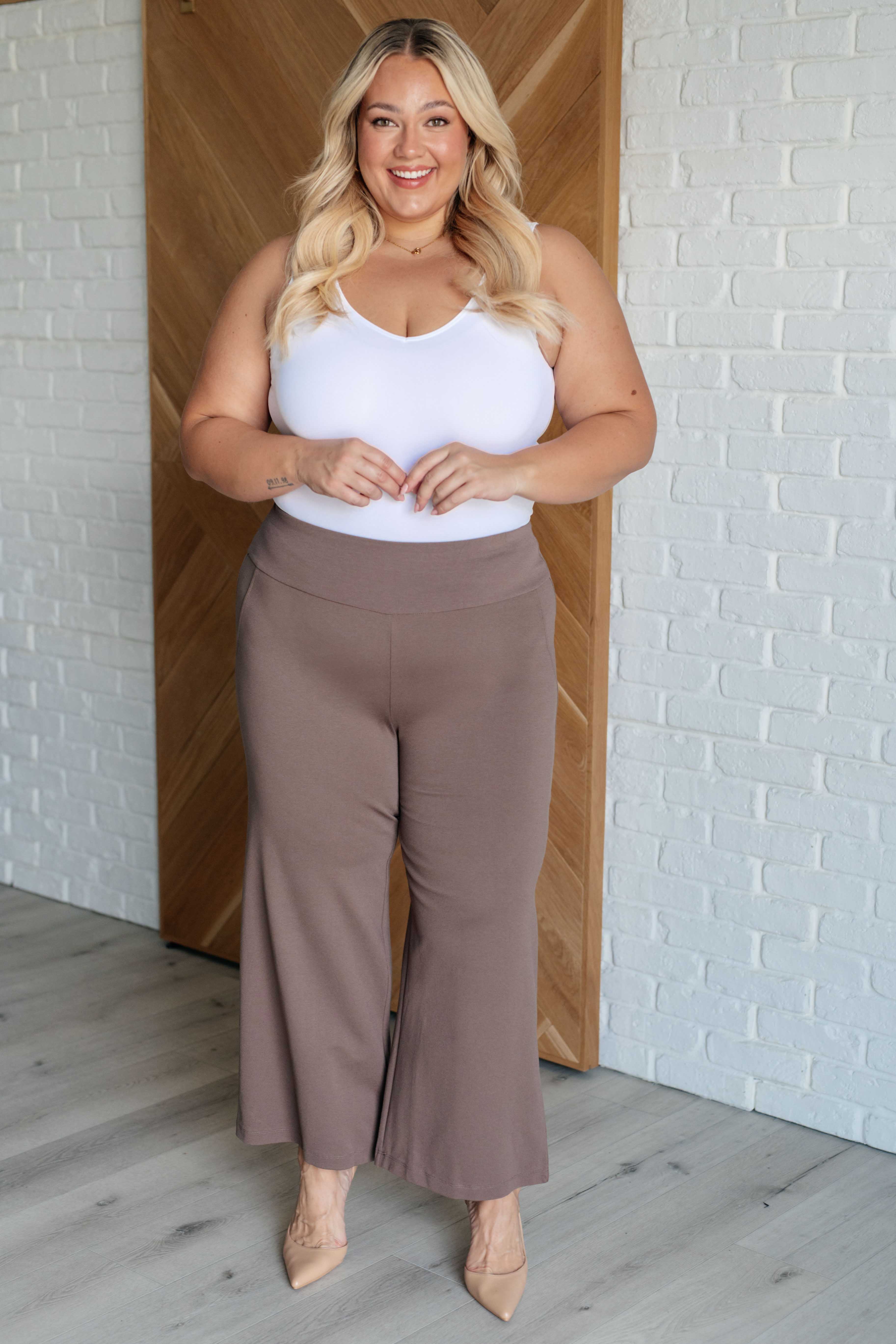Magic Wide Leg Crop Pants in Dark Mocha - Women's High Waisted Stretchy Lounge Pants for Yoga, Travel & Casual Wear