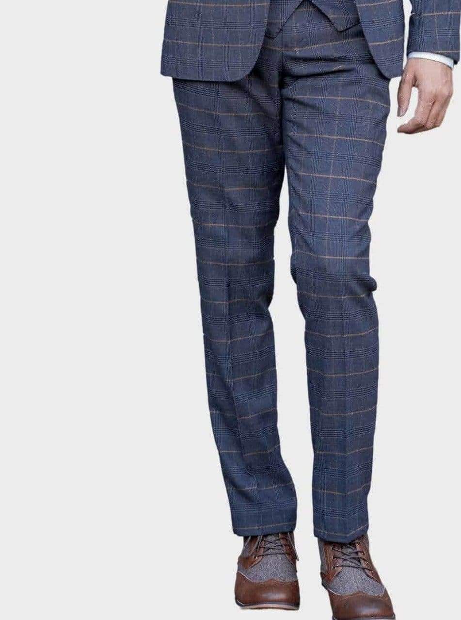 Marc Darcy Jenson Slim Fit Navy Check Trousers for Men | Classic Marine Blue Checkered Dress Pants for Office, Business & Casual Wear