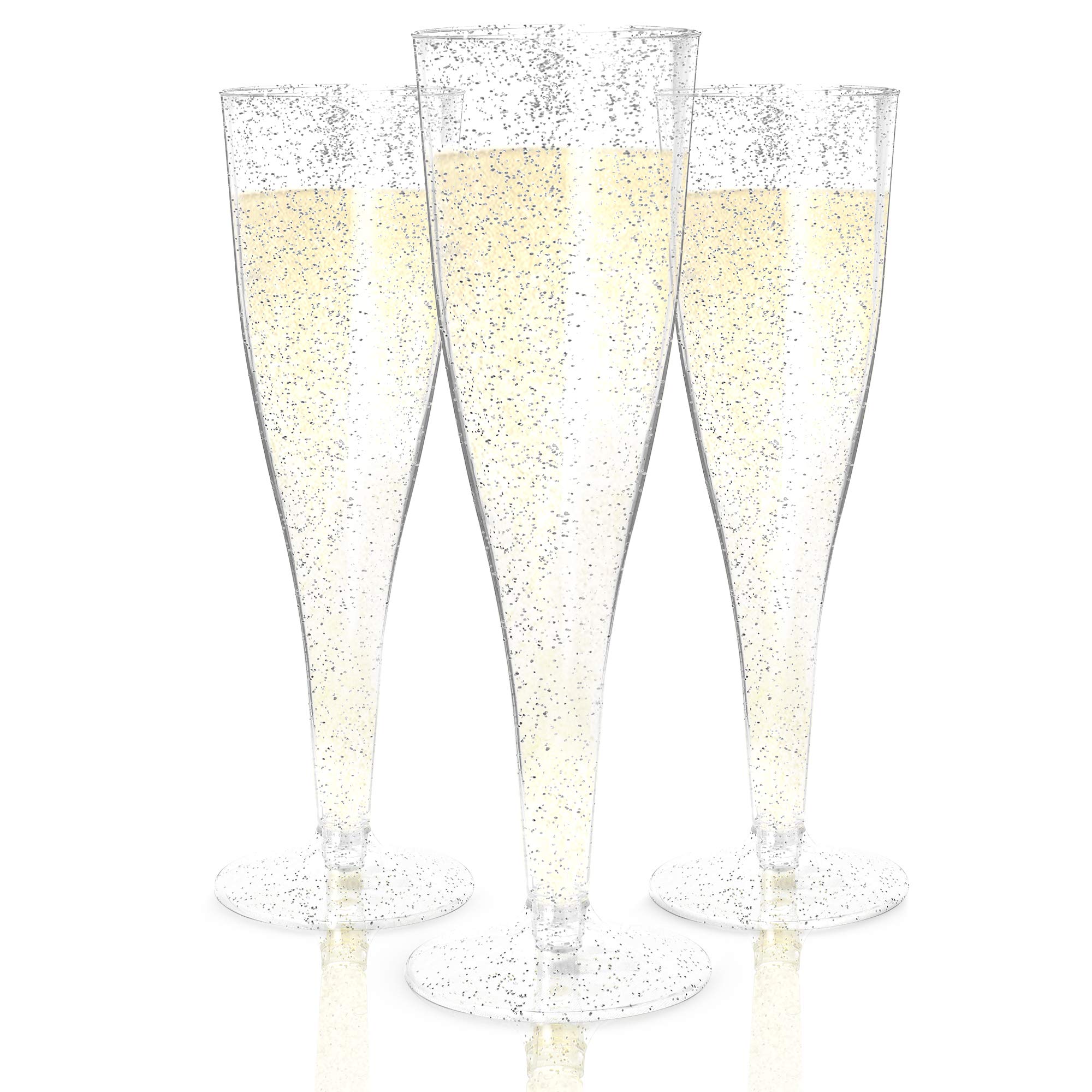Prestee 200 Silver Glitter Plastic Champagne Flutes - Disposable Wedding & Party Glasses for New Year's Eve, Bridal Showers, Birthday Celebrations - Elegant & Sparkling Drinkware for Toasts & Special Occasions
