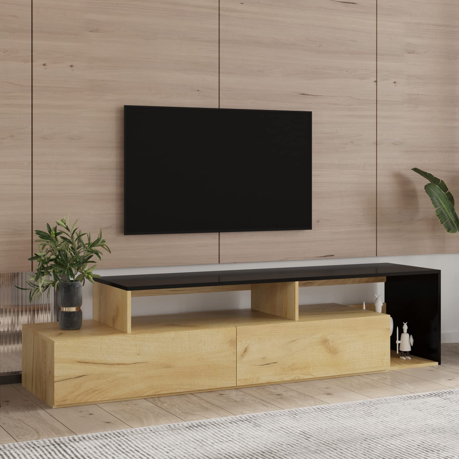 Modern Oak TV Stand Cabinet with 2 Drawers - MDF Entertainment Center for 55-75 Inch TVs - Perfect for Living Room, Bedroom & Home Theater Setup