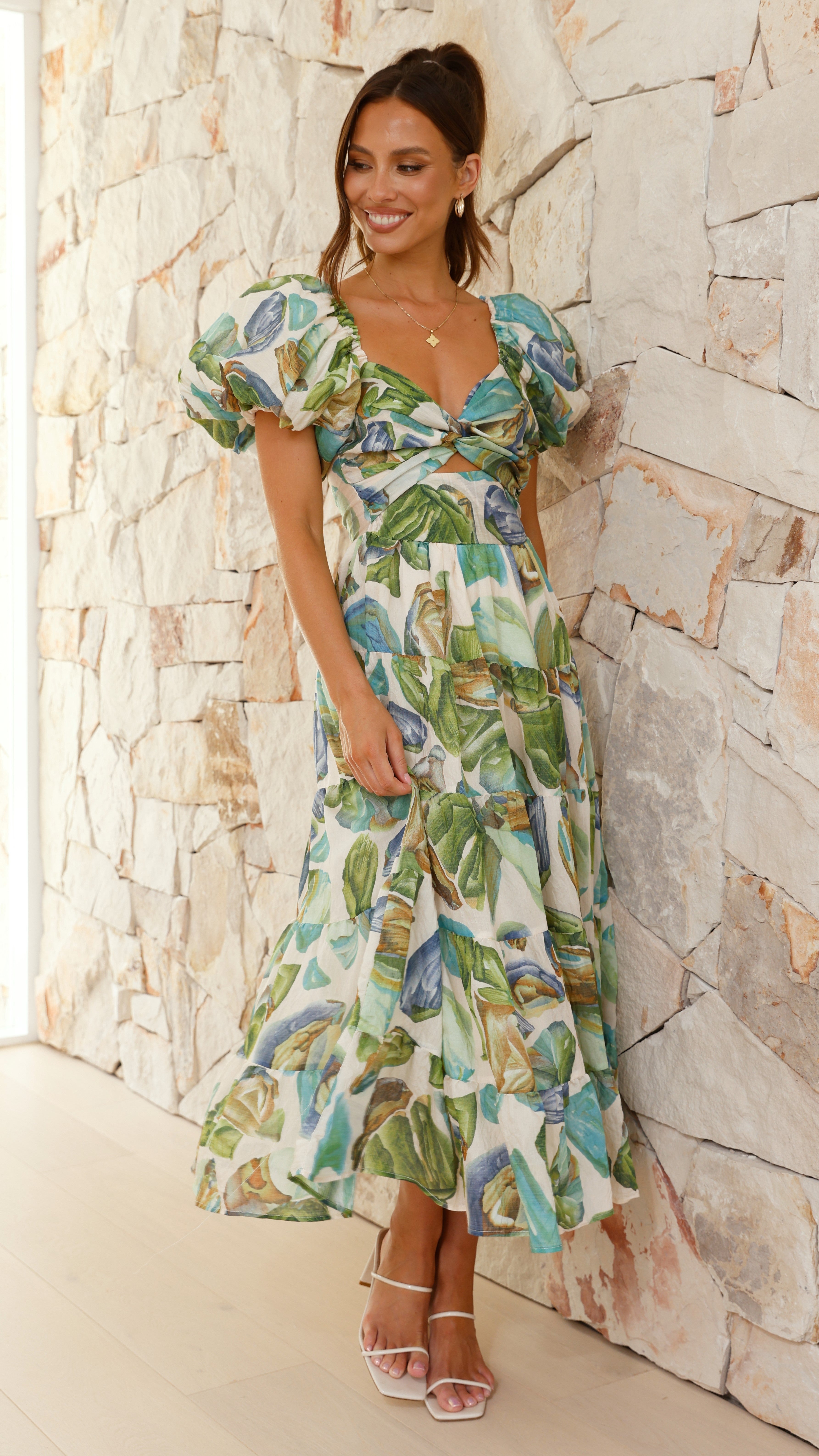 Balthazar Maxi Dress - Green & Blue Floral Print, Women's Summer Beach Dress for Vacation, Party, and Casual Wear