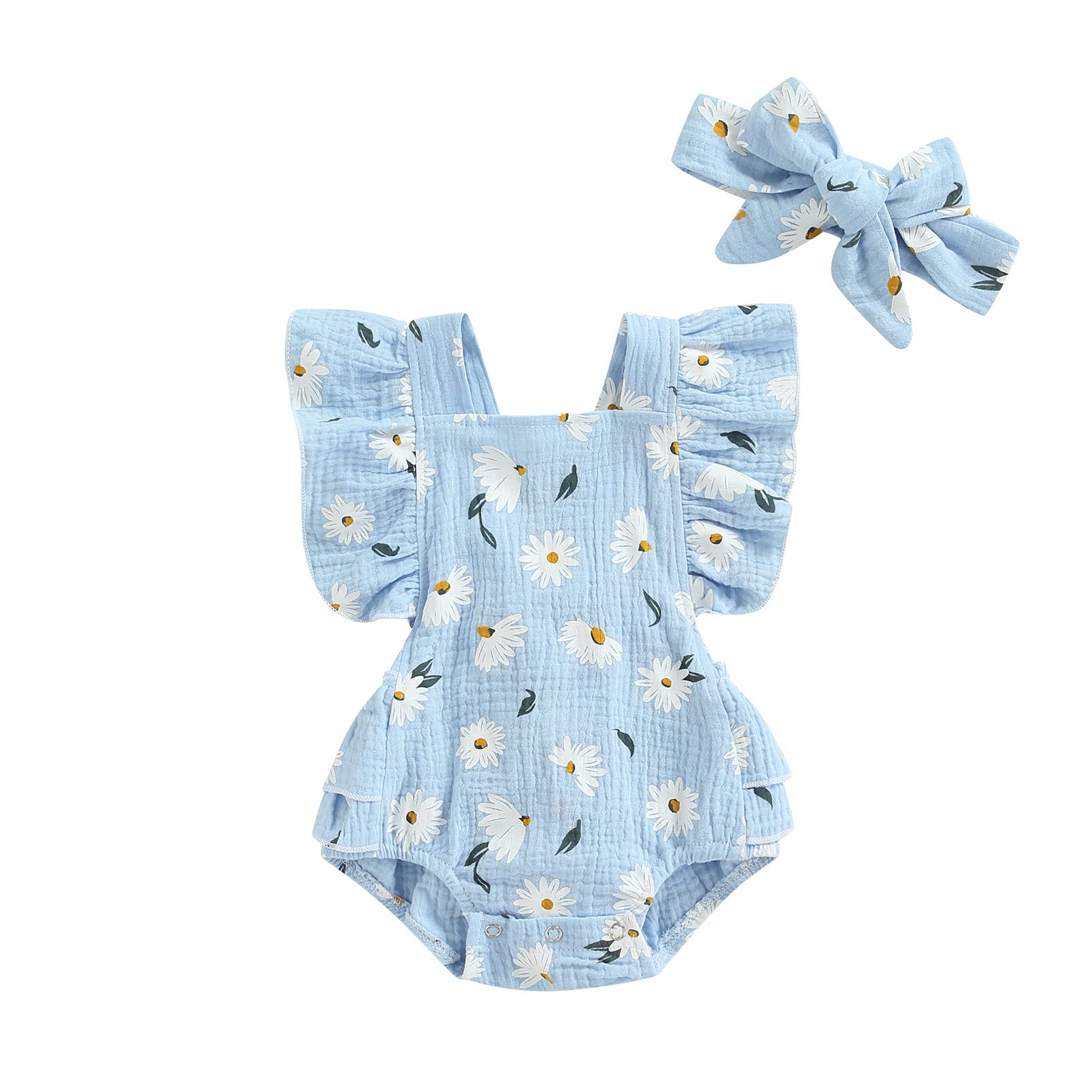 Baby Girl Daisy Romper with Ruffle Onesie Dress & Headband - Soft Linen Summer Outfit for Infants - Perfect for Photoshoots, Birthday Parties & Outdoor Play