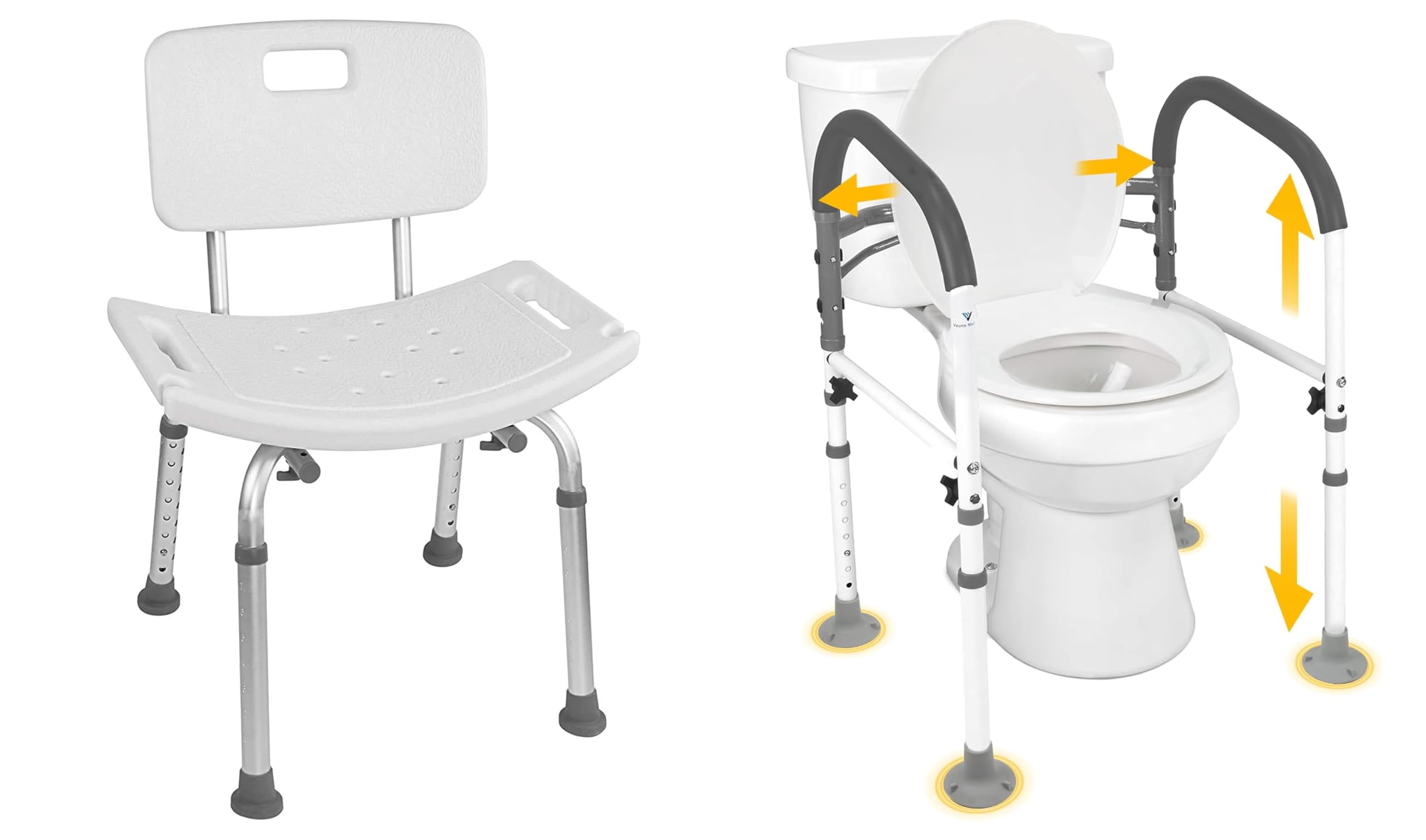 FSA/HSA Eligible Adjustable Shower Chair with Folding Toilet Safety Rail - Medical Bathroom Safety Equipment for Elderly & Disabled - Non-Slip Shower Seat & Handrail for Seniors, Post-Surgery & Mobility Assistance