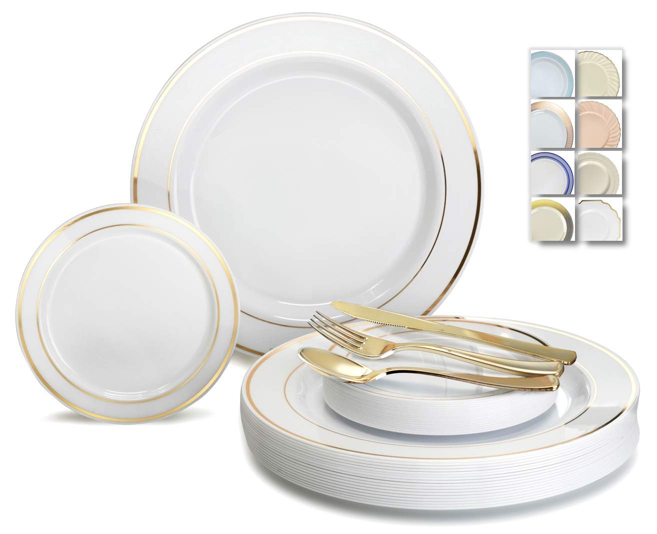 300 Pcs Wedding Disposable Plastic Plate & Silverware Combo Set - 60 Guest White & Gold Rim Plates with Gold Silverware - Perfect for Weddings, Parties, and Special Events
