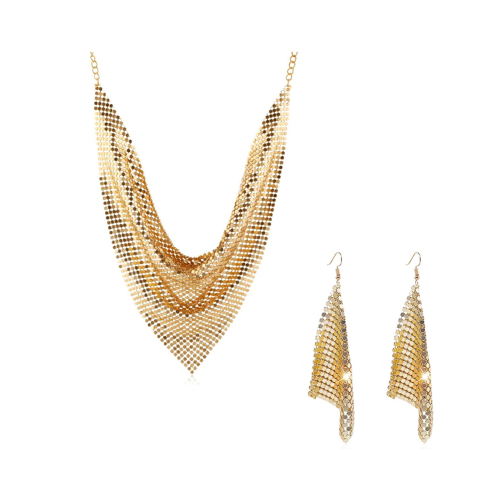 Vintage 70s Disco Bling Mesh Bib Choker & Dangle Earrings Set - Glitter Sequin Statement Jewelry for Women & Girls | Perfect for Parties, Concerts & Retro Fashion Outfits