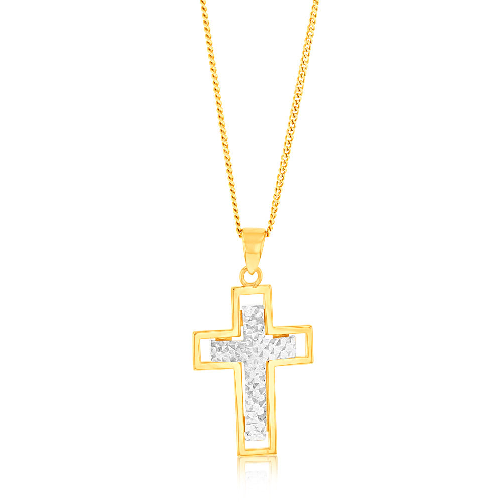 9ct Yellow and White Two-Tone Gold Diamond-Cut 20mm x 15mm Cross Pendant Necklace - Perfect for Gifts, Religious Jewelry, and Everyday Wear