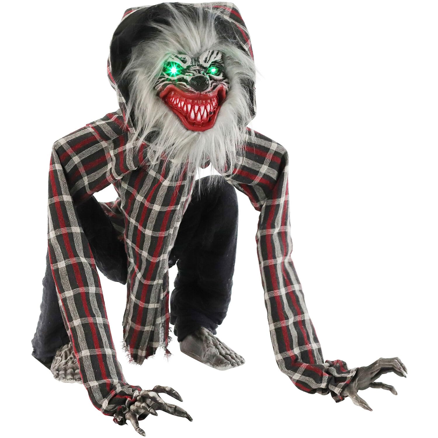 Haunted Hill Farm Squatting Werewolf Animatronic - Moving, Sound & Glowing Eyes for Halloween Decor (24x18x30in) - Perfect for Yard Haunts, Party Scares & Spooky Home Displays