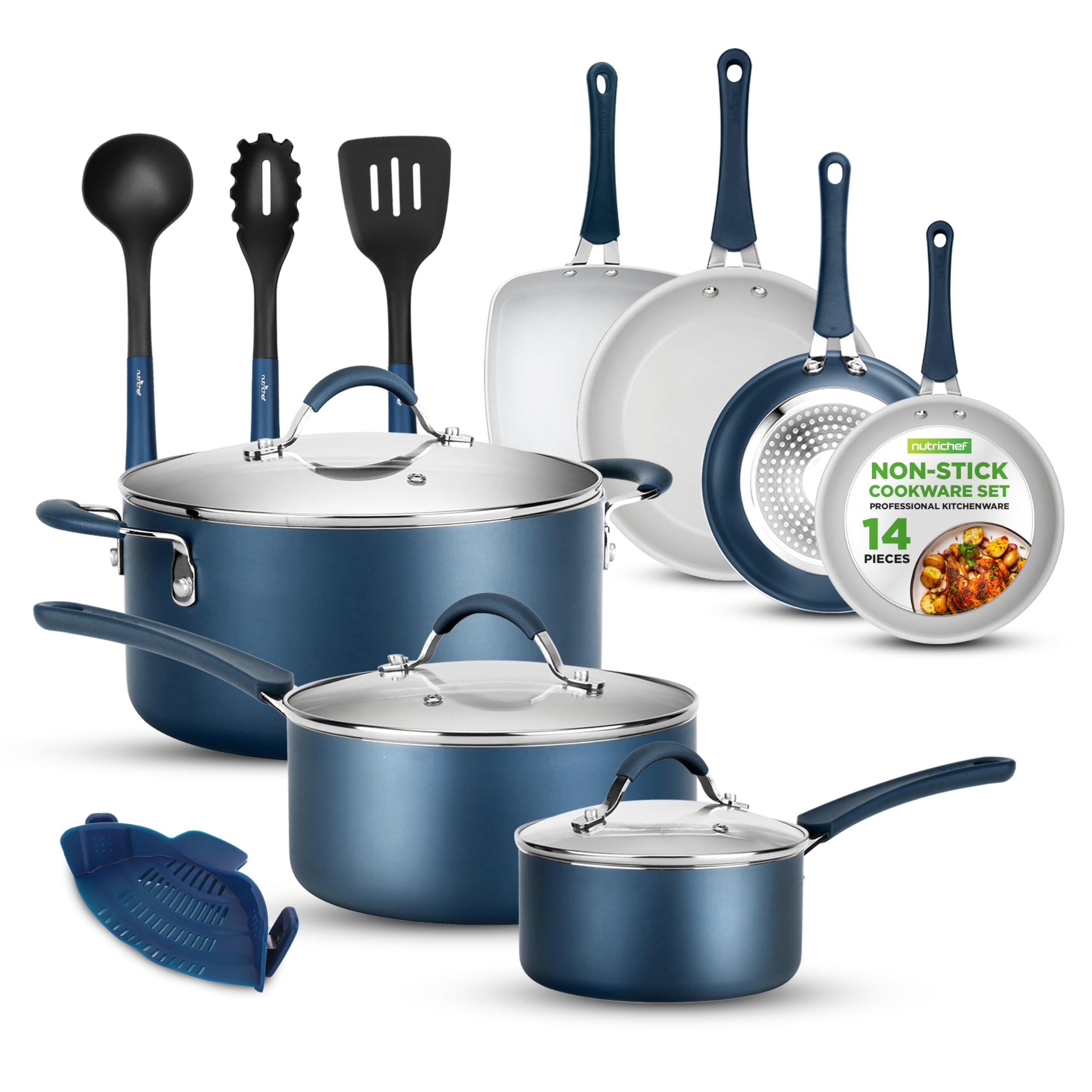 NutriChef 14-Piece Navy Blue Non-Stick Cookware Set with Lids & Utensils - Durable Pots and Pans for Gas, Electric & Induction Stoves | Perfect for Everyday Cooking, Family Meals & Professional Kitchens