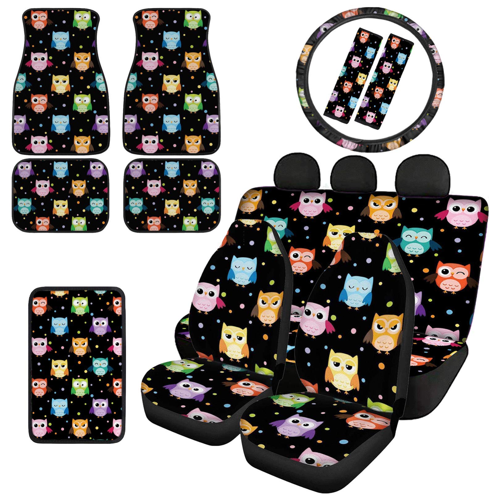 Universal Fit Cute Cartoon Owls Car Seat Covers Set - Front & Back Seat Protectors with Steering Wheel Cover, Seat Belt Pads, Console Cover & Floor Mats | Travel & Daily Commute Protection for Cars, SUVs & Trucks