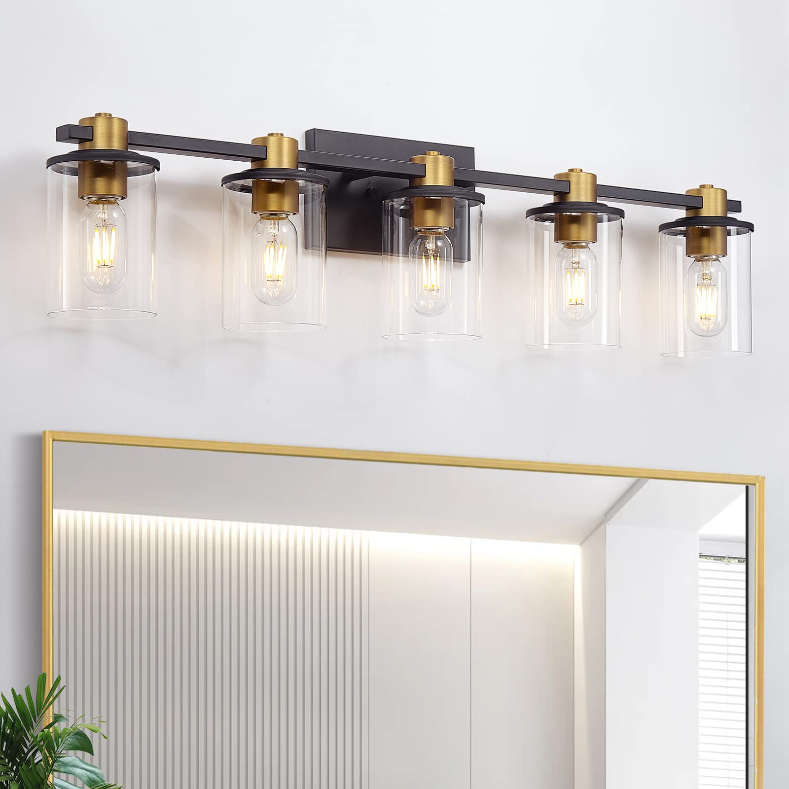 5-Light Bathroom Vanity Light Fixture - Black & Gold Modern Wall Sconce with Clear Glass Shade, Brushed Gold Finish for Bathroom, Bedroom, Hallway - Perfect for Vanity Mirror Lighting & Home Decor Ambiance