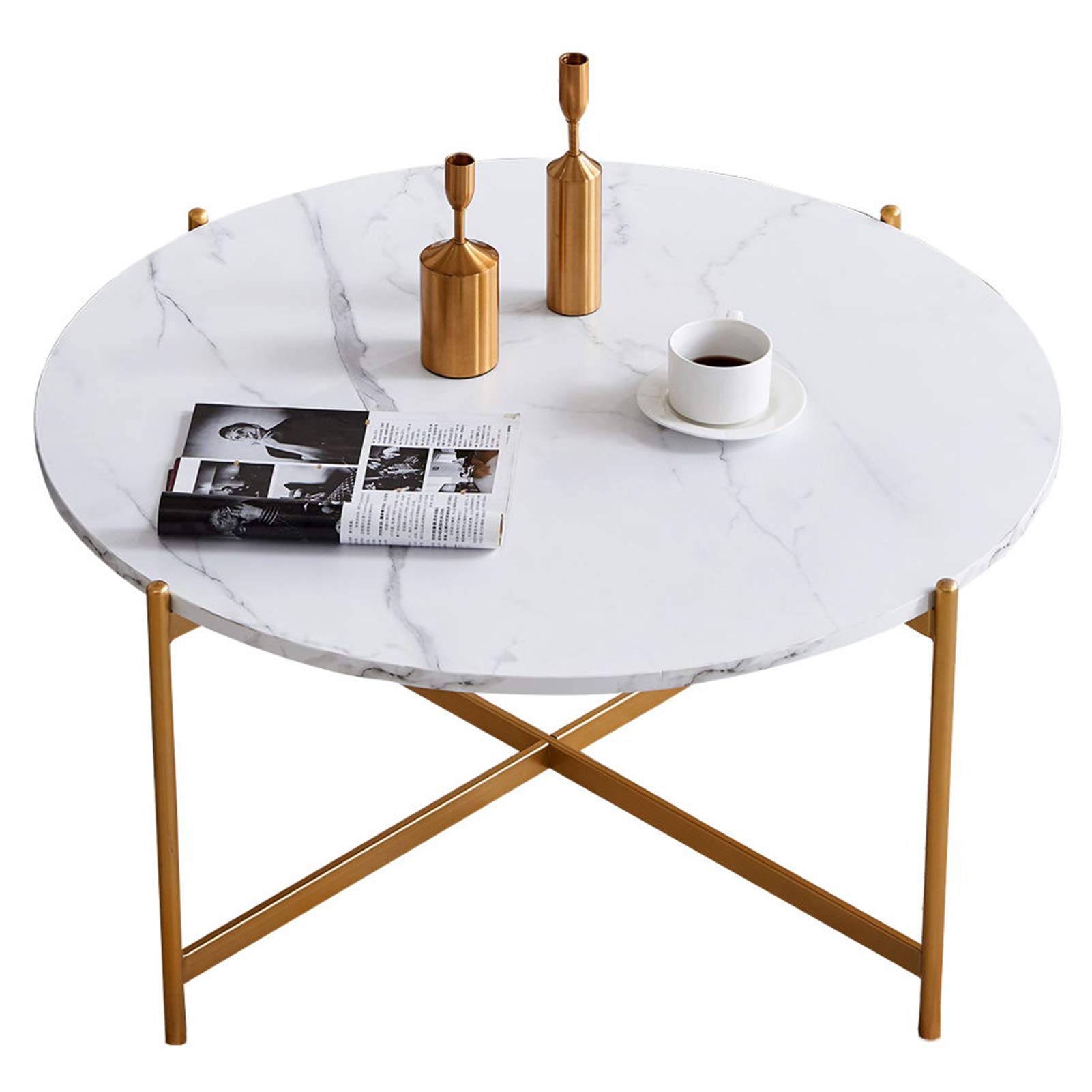 FLSOAY 36 Inch Round Coffee Table - Modern Gold Metal Frame with White Marble Wood Top - Perfect for Living Room, Lounge, or Office Side Table