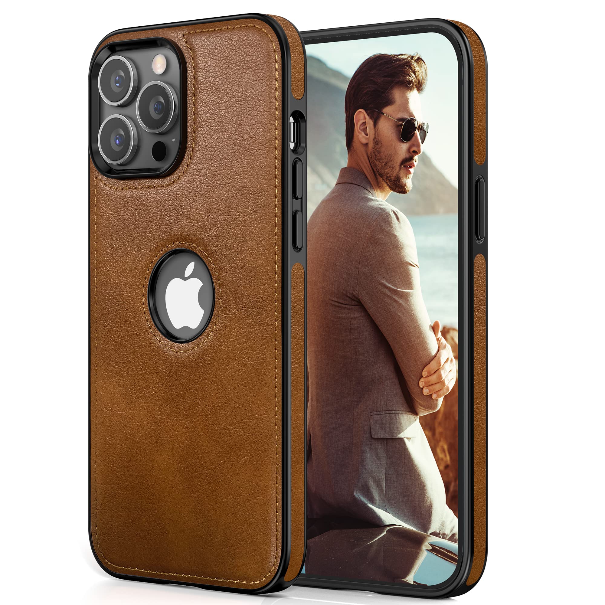 LOHASIC iPhone 14 Pro Max Case (6.7 inch 2022) - Premium Genuine Leather Business Cover with Shockproof Protection & Visible Logo - Elegant Brown - Perfect for Office Professionals & Daily Use
