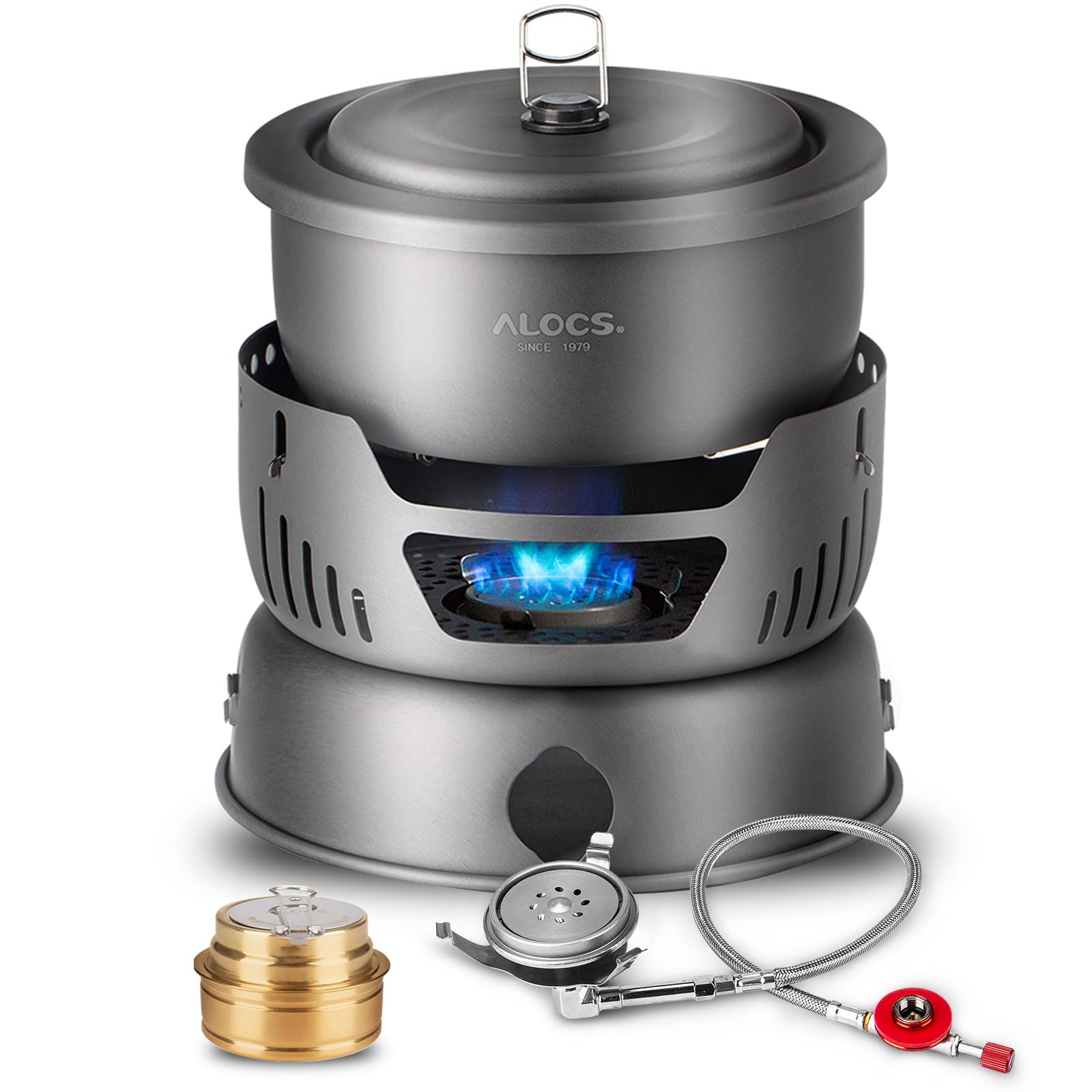 ALOCS 11-Piece Lightweight Camping Cookware Set with Alcohol & Gas Stove Burner - Portable Durable Outdoor Cooking Kit for Camping, Hiking, Backpacking & Picnics | Perfect for Wilderness Adventures & Family Outdoor Trips