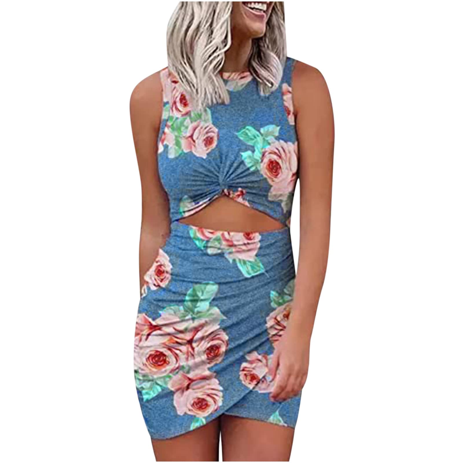 Rikrel 2022 Women's Summer Dresses - Sexy Sleeveless Printed Hollow Out Mini Dress with Round Neck | Perfect for Beach Vacation, Date Night & Summer Parties