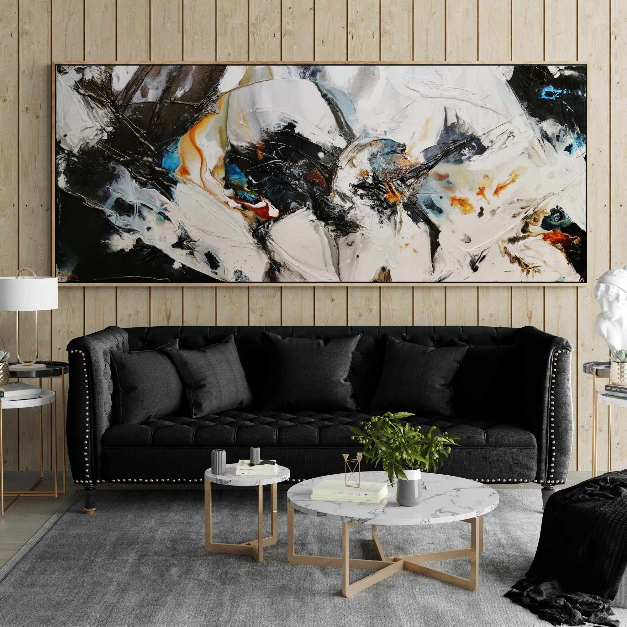 240cm x 100cm Black White Rust Textured Abstract Wall Art Painting - Modern Home Decor for Living Room, Bedroom & Office
